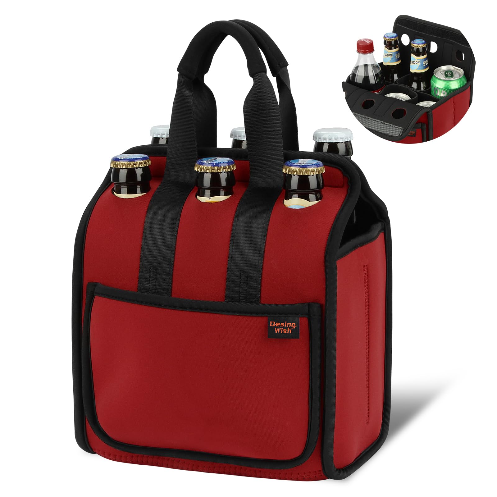 Desing Wish Portable Drinks Tote Bag for 6 PCS Beverage Cans/Bottles, Neoprene Insulated Drinks Can Bottle Carrier Tote Beverages Cans Cooler Bag Holder for Camping, Picnic, Party (Red)