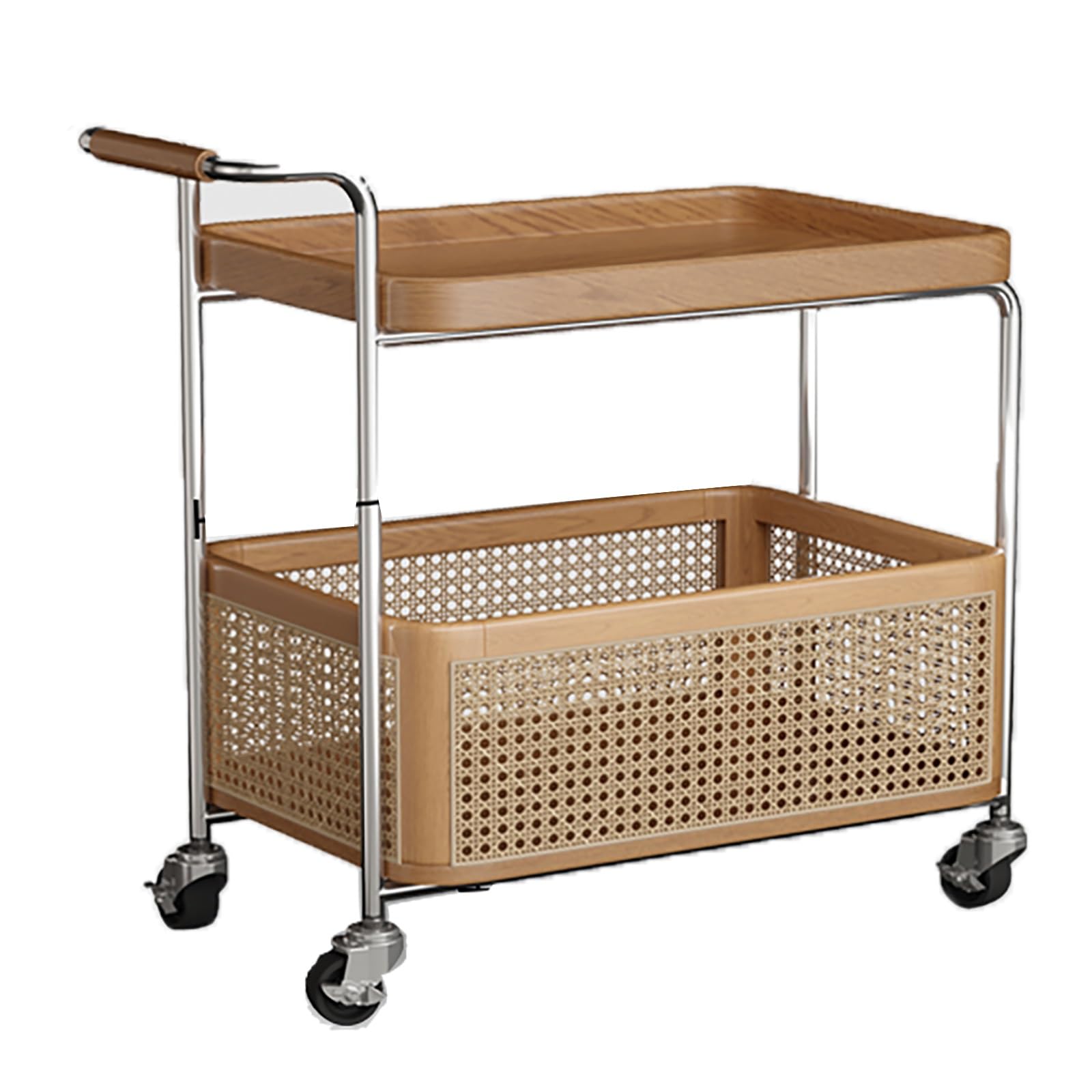 Mobile Side Table with Breathable Storage Basket Handrail Design End for Small Spaces Rolling Wheels(Beige)