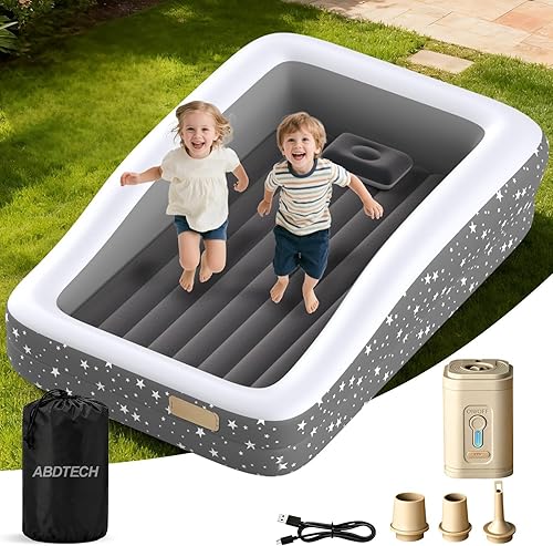 Miniatura 10 de Cama inflable de viaje para niños pequeños – Colchón de aire de seguridad de gran tamaño para niños con 4 lados – Cama portátil de camping