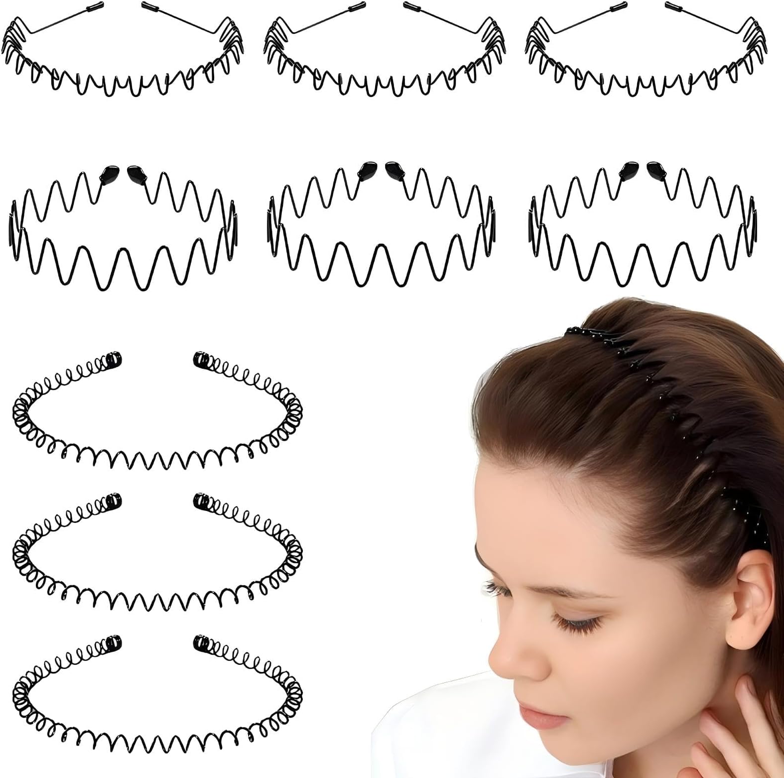 BOYIVI 9 Pieces Metal Hairband for Men and Women Unisex Adjustable Black Wavy Hair Band Non-slip Spring and Summer Home Outdoor Fashion Simple Elastic Hair Accessories (Style B)