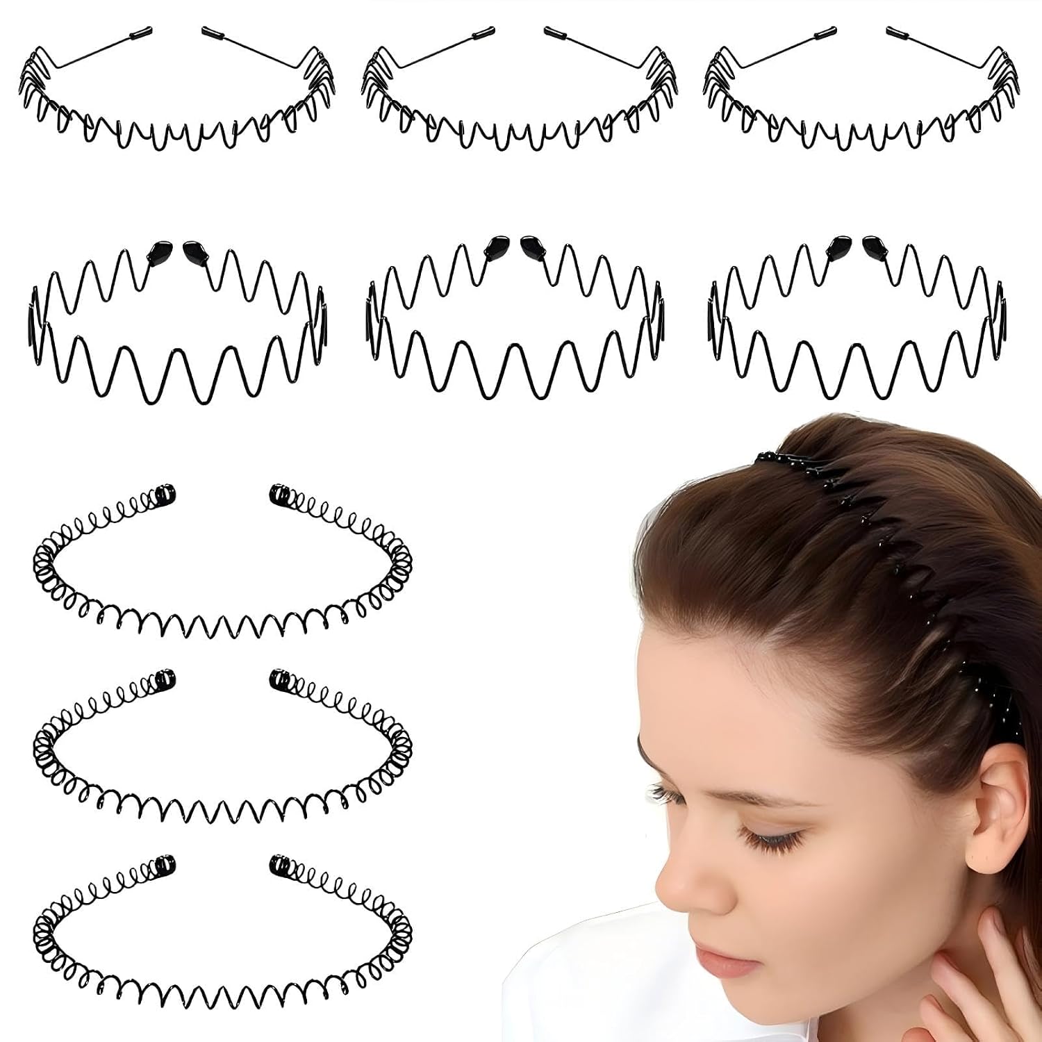 BOYIVI 9 Pieces Metal Hairband for Men and Women Unisex Adjustable Black Wavy Hair Band Non-slip Spring and Summer Home Outdoor Fashion Simple Elastic Hair Accessories (Style B)