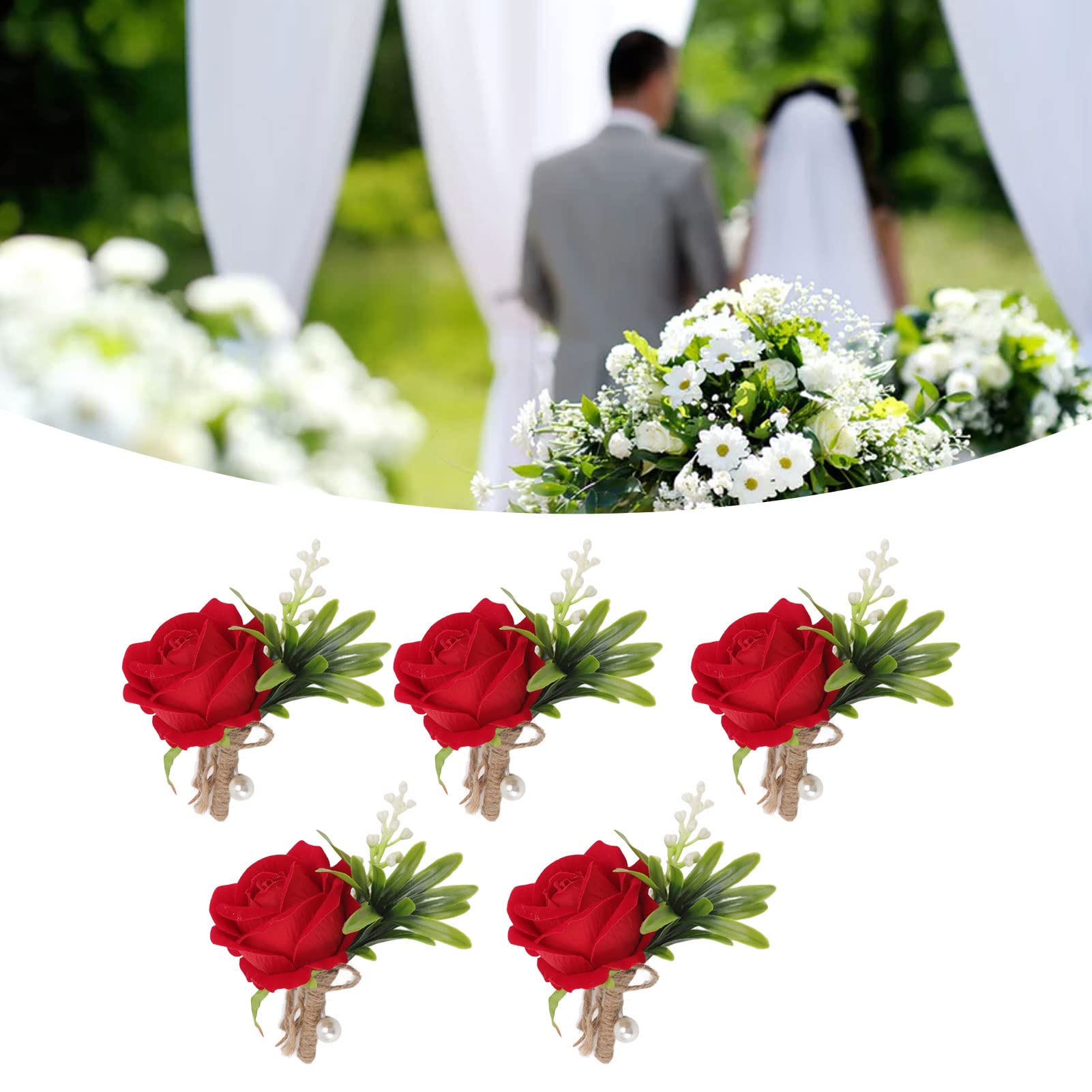 Pssopp 5PCS Rose Wedding Boutonniere White Boutonniere Handmade Corsage Buttonhole Flowers,Artificial Wedding Flower Accessories for Men Groom Bride Suit Dress Banquet Party Decor (Red) - Image 4