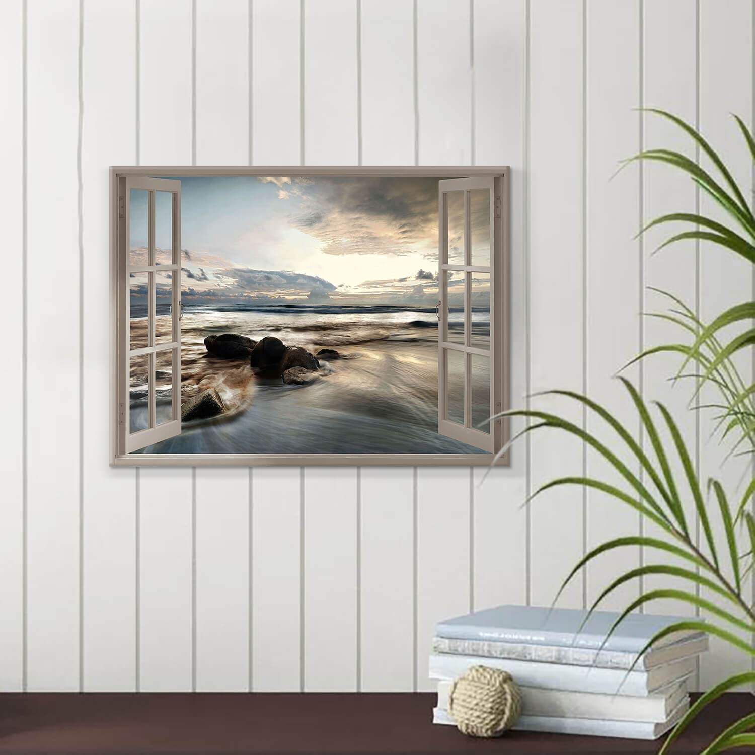 ARTISTIC PATH Open Window Canvas Artwork Print: Rocky Beach with Sunset Prints Fake Window Wall Art for Bathroom (16''W x 11''H,Multi-Sized)
