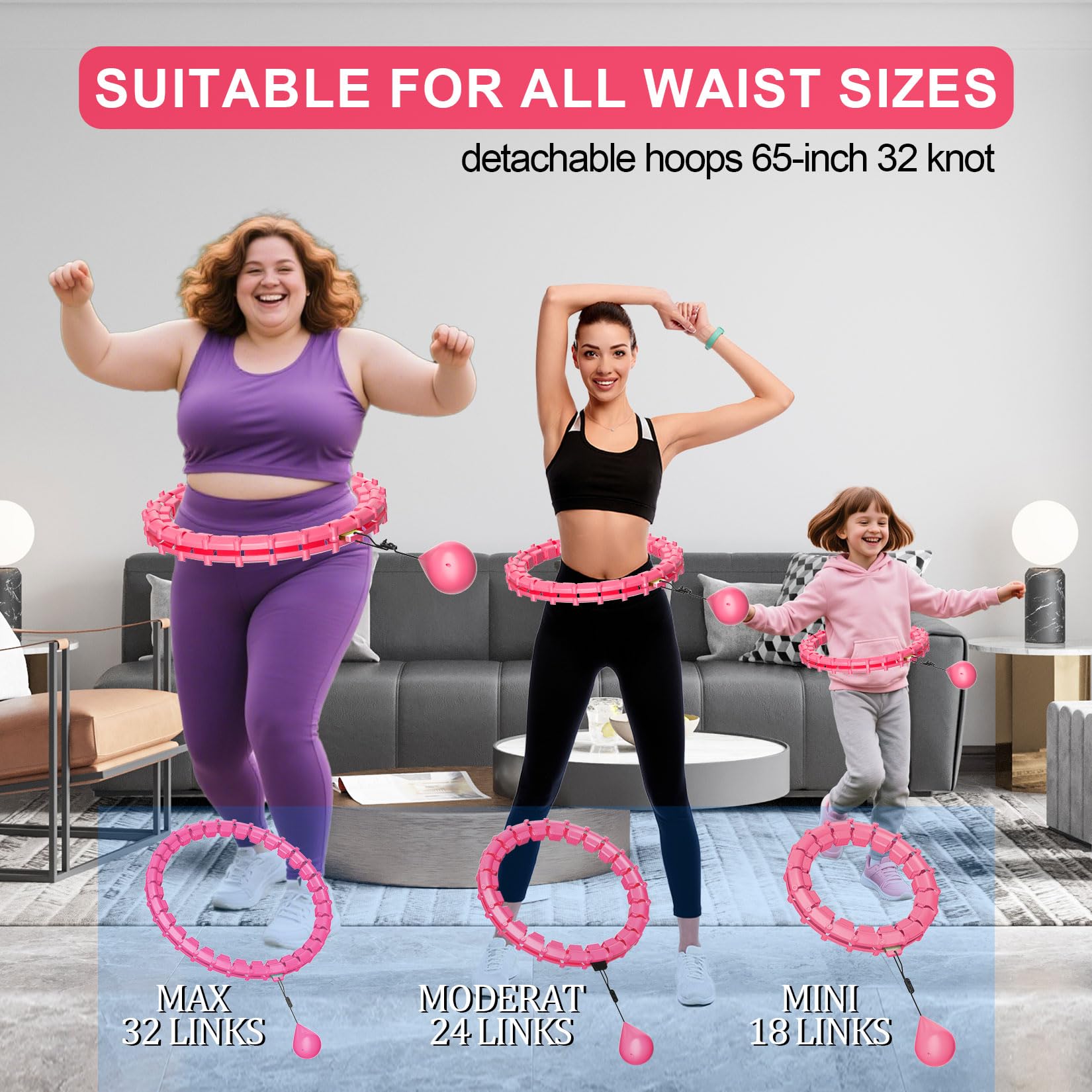 Hula Circle Hoops - Cerchi per adulti per perdere peso, Infinity Fitness Hoop Plus Size 165 pollici, 32 maglie staccabili, cerchio per esercizi adatto per donne e principianti