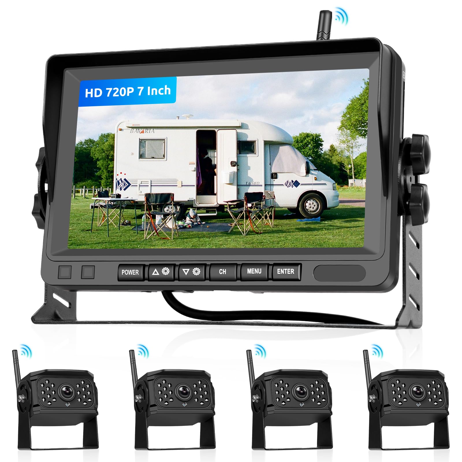 Hodozzy Digital Wireless Rückfahrkamera Set Monitor 4 Kameras Geteilter Bildschirm 7 Zoll Aufnahme Video Wasserdicht Nachtsicht Front-Seitenansicht Rück Kamera Funk für PKW LKW Wohnmobil 12V-24V-36V