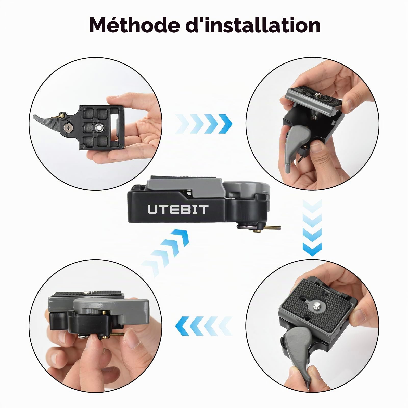 UTEBIT Plateau Rapide Tête de Trépied avec Adaptateur 1/4'' à 3/8'', Plateau de Dégagement Rapide Compatible avec Manfrotto 200PL-14 Plaque de Fixation Rapide pour Appareil Photo Gris