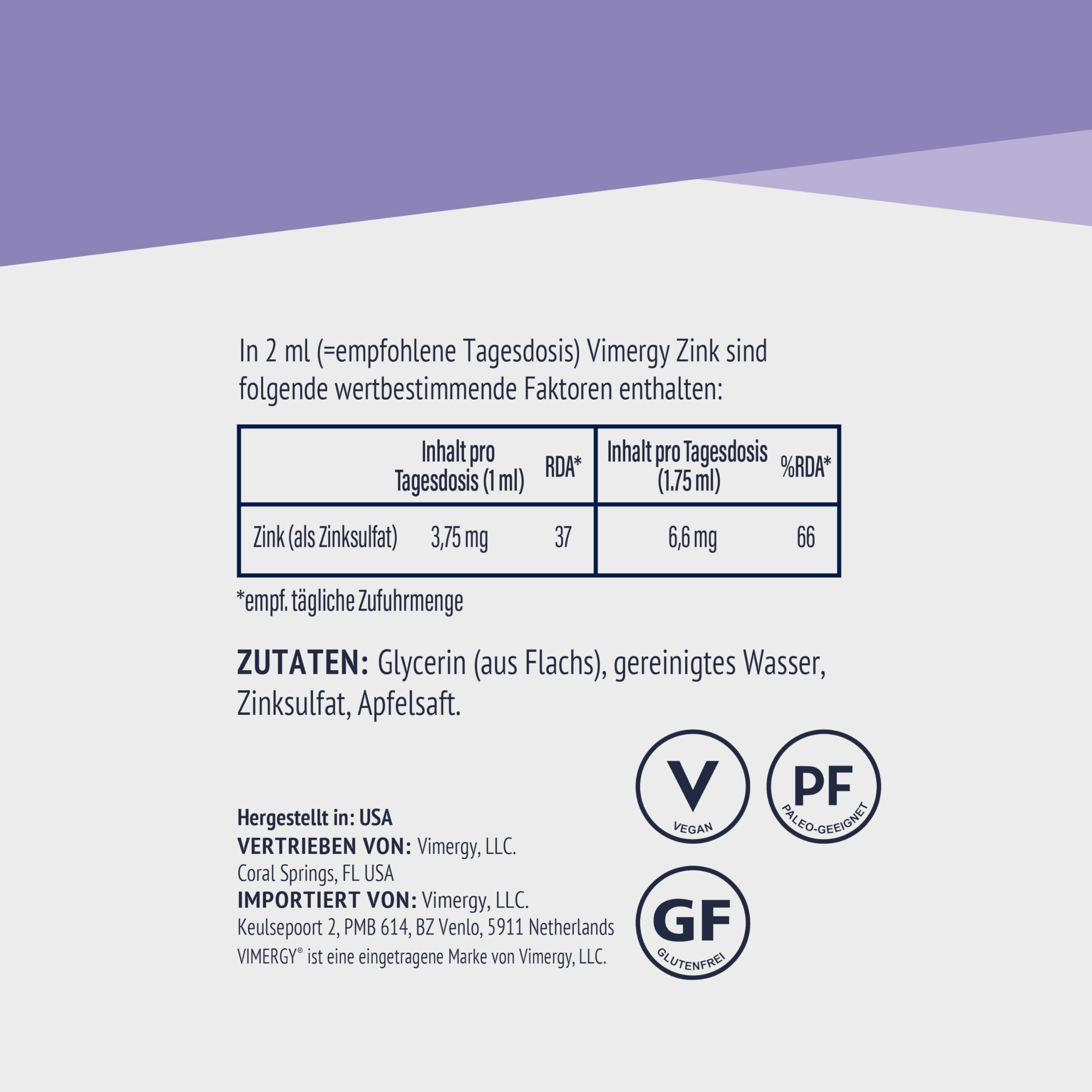 Vimergy Zink Tropfen Testgröße – Flüssiges Zink Hochdosiert – Antioxidans – Kein Raffinierter Zucker – Glutenfrei ohne Gentechnik Koscher Vegan Keto/Paleo Ernährung Geeignet (Kids - 55 mL)