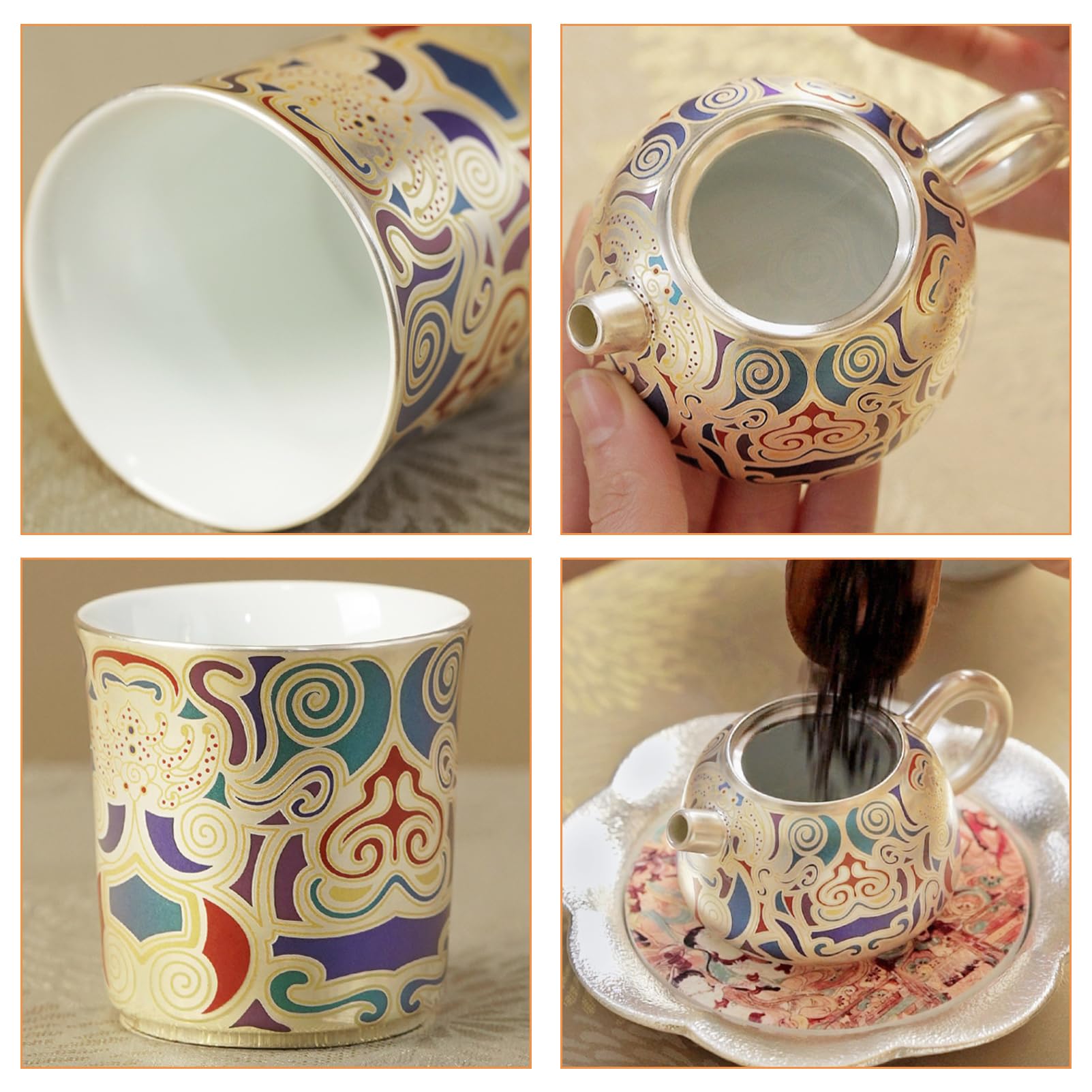 FOTN Juego de té vintage único, cerámica y plata, 1 olla, 2 tazas, 1 alfombrilla para olla, 1 caja de regalo, juegos de té KungFu, juego de tazas de café de lujo, taza para beber