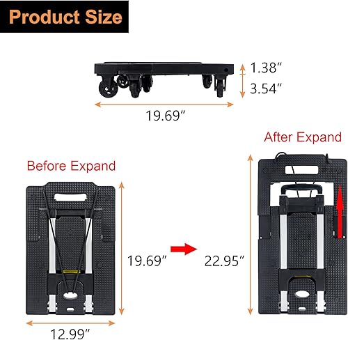 Miniatura 2 de Carrito de mano portátil, carrito de mano ligero, compacto con ruedas resistentes, construcción sólida, mango ajustable para uso personal, mudanza,