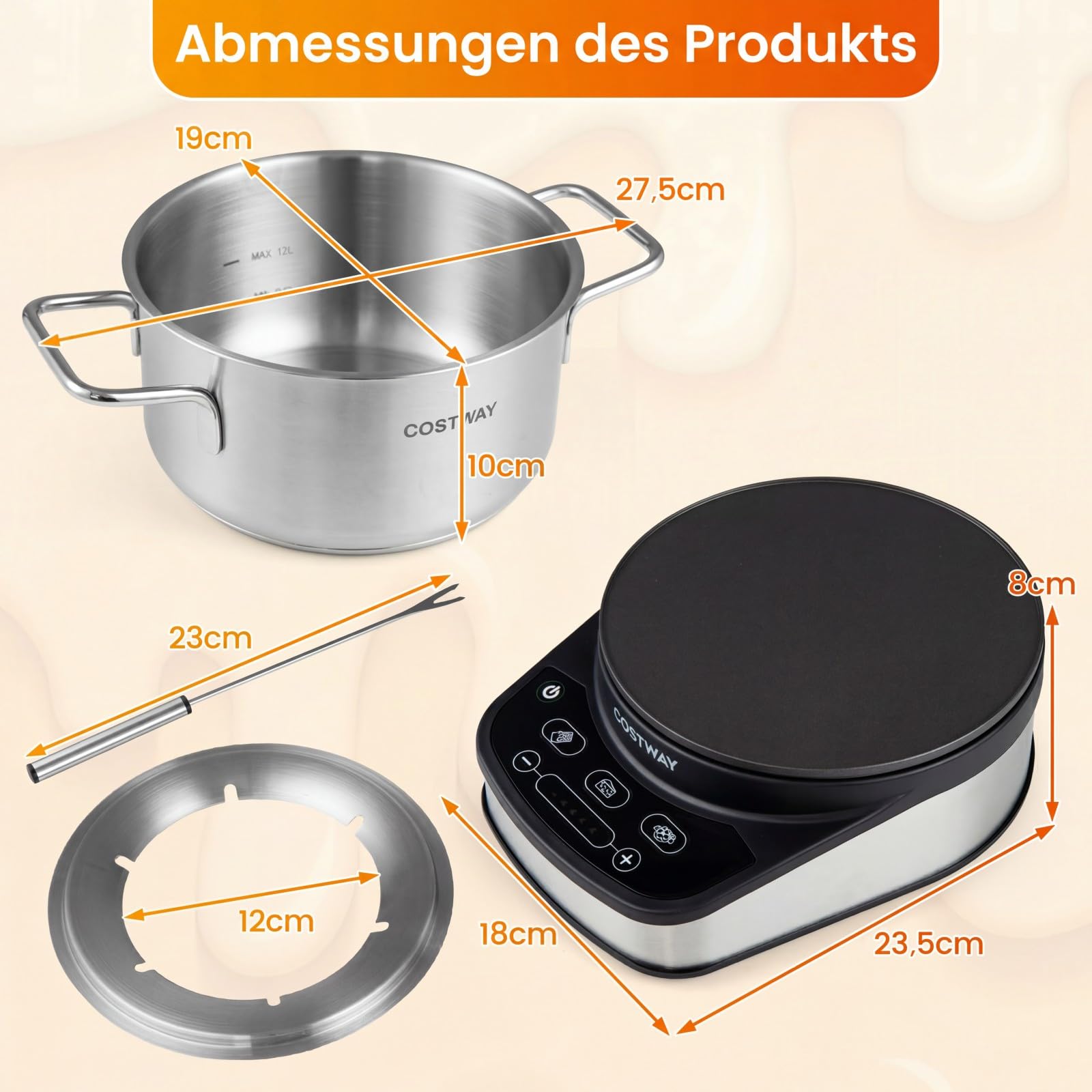 COSTWAY Elektryczny zestaw do fondue, 1200 W, ze zdejmowanym garnkiem ze stali nierdzewnej 3 l, 6 widelców oznaczonych kolorami i regulacją temperatury, nadaje się do mycia w zmywarce, do sera