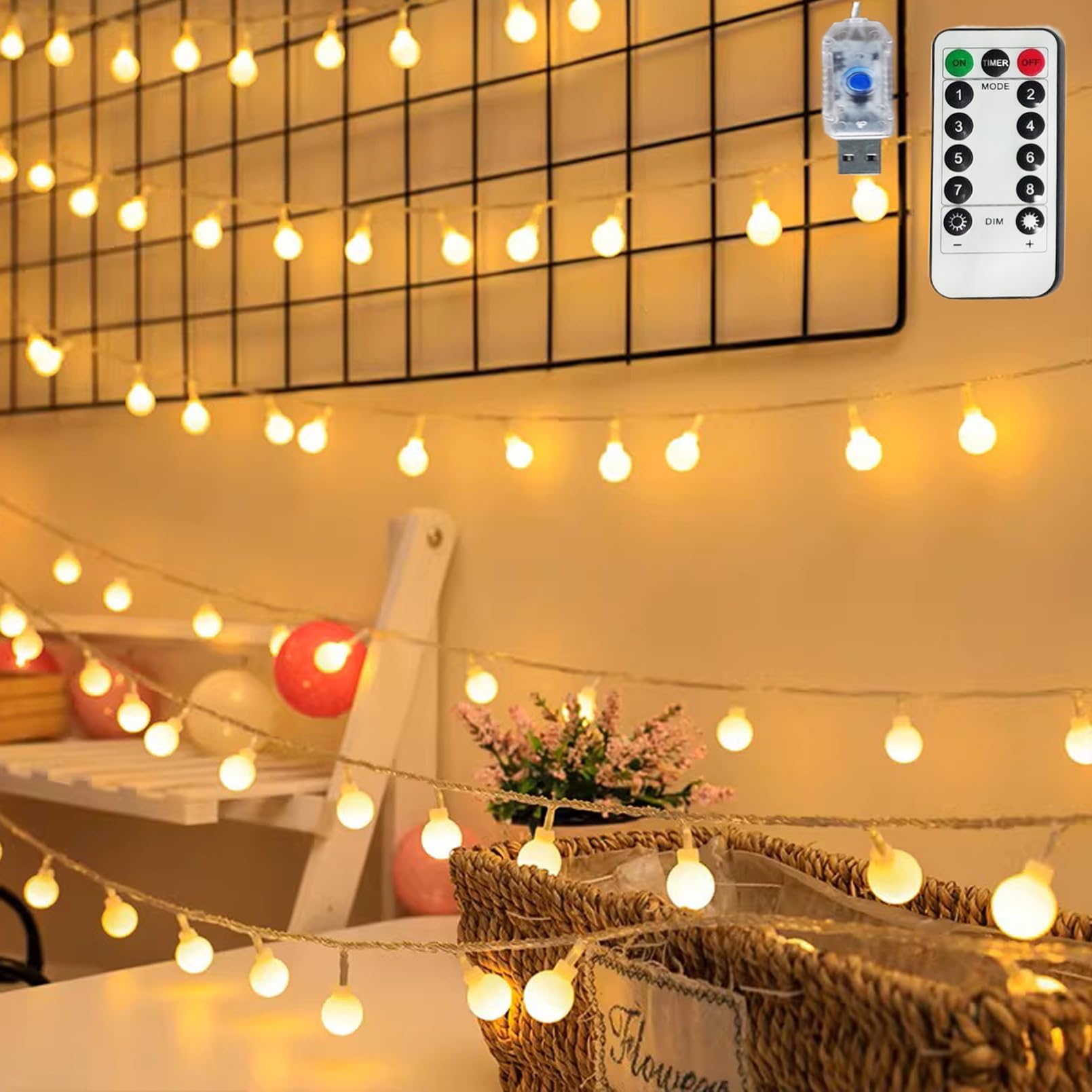 Guirlande lumineuse en forme de globe - 80 LED - Alimentée par USB - Étanche - 8 modes - Avec télécommande - Pour chambre à coucher, fête de Noël, terrasse, jardin, intérieur et mariage