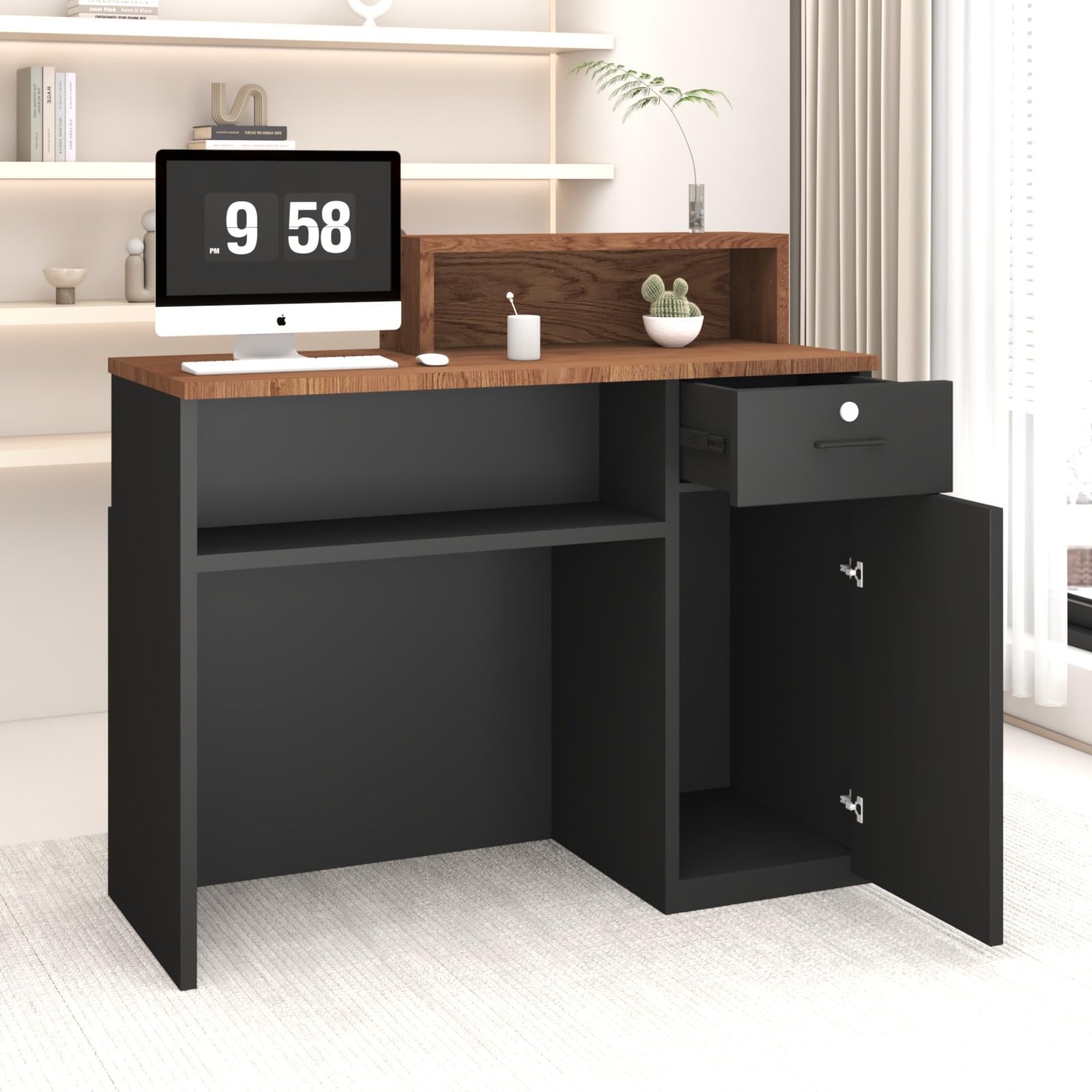 Bureau de réception et boîtes de réception - Bureau avec étagères ouvertes, bureau de réception en bois pour coiffeur, beauty studio, magasin, supermarché, caisses (avec Drawer B)