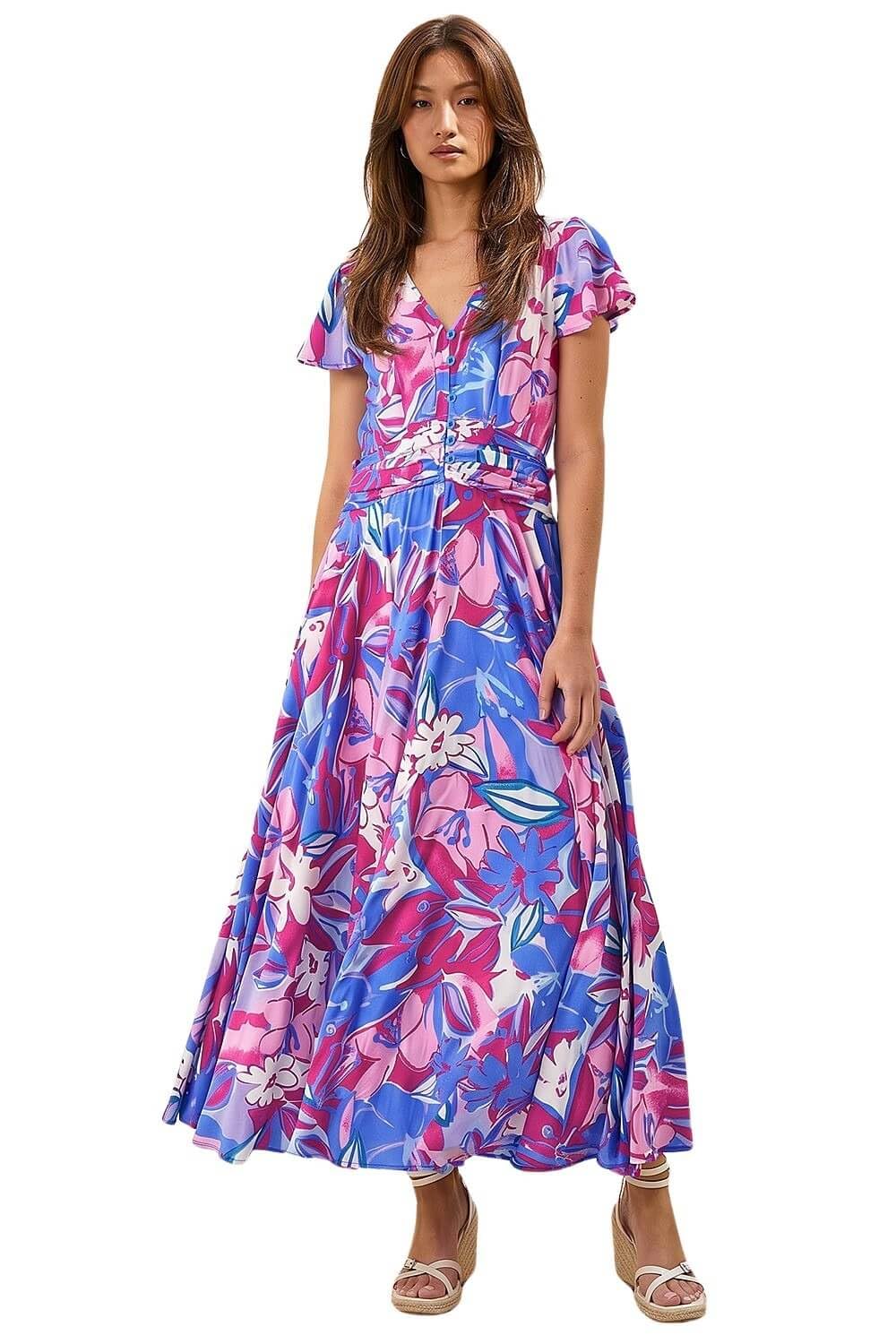 Roman Shirred Empire Waist Dress for Women UK Ladies Midi Maxi Summer Spring Tiered Frill Hem Short Sleeve V Neck Button Through Boho Bohemian Holiday Cruise