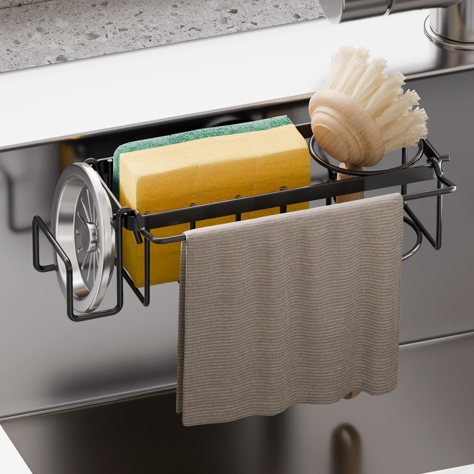 Photo 1 of TAILI Sponge Holder with Strong Suction Cup, 4-in-1 Rustproof Sink Organizer - Sink Caddy Holds Sponges, Brushes, Stoppers & Scrapers -Black