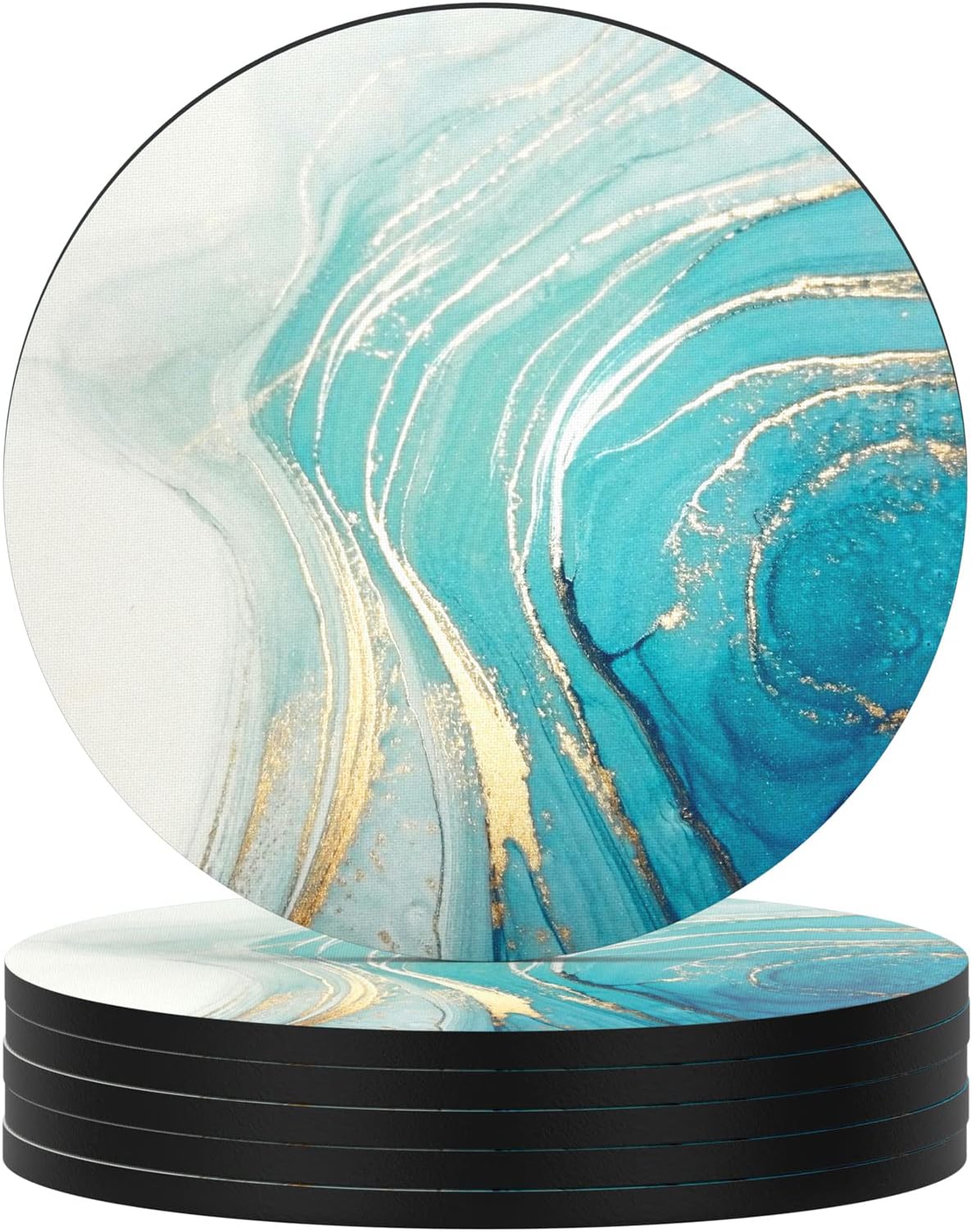 Nipichsha Coasters for Drinks, Set of 6 Cute Absorbent Rubber Drink Coasters for Cup with Non Slip Backing, Kitchen Home Decor Housewarming Gift, Round 4 in, Teal Marble