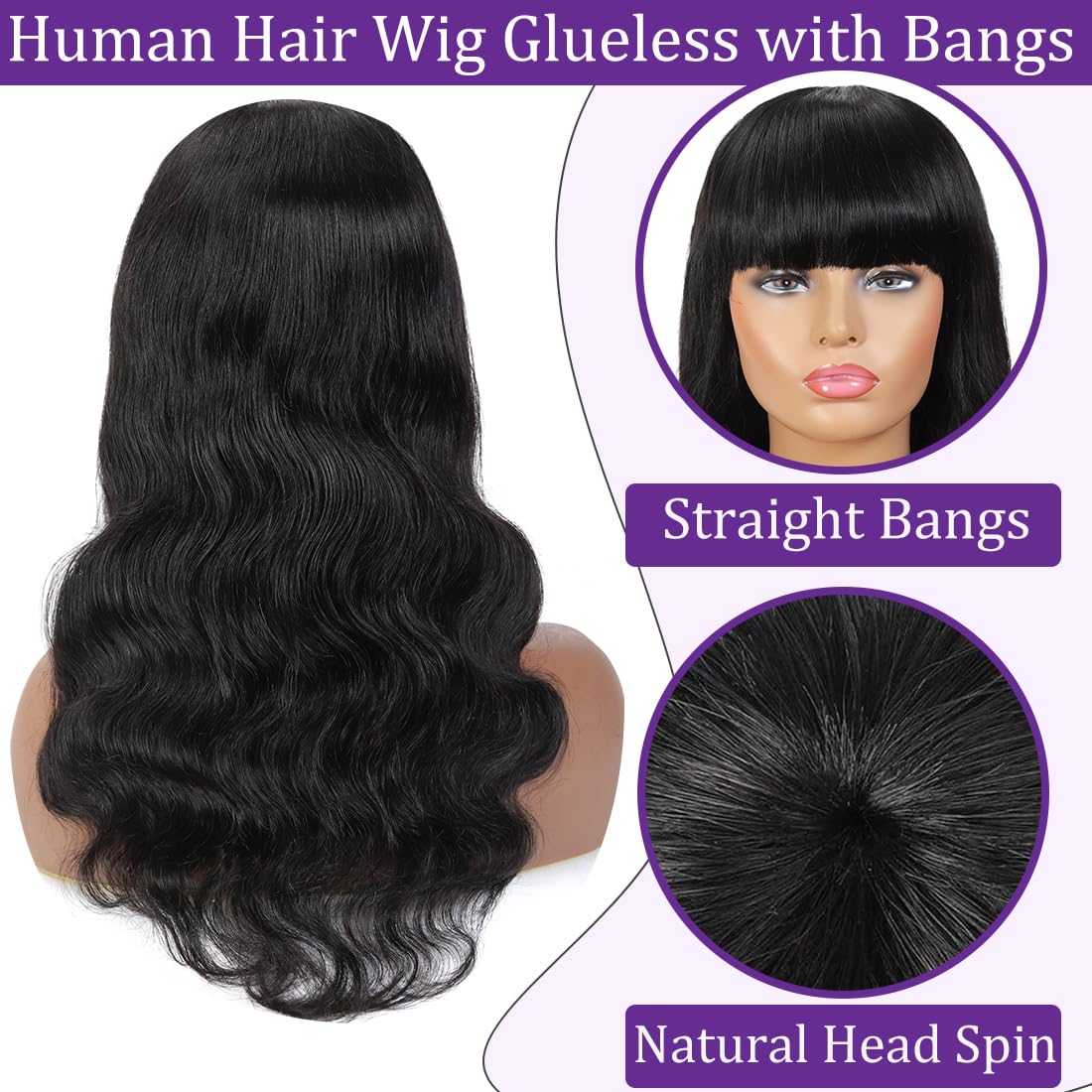 Human Hair Wig with Bangs 20 Inch Body Wave Glueless 150% Density Amazon.com : Body Wave Wigs With Bangs Human Hair For Black  main image 4