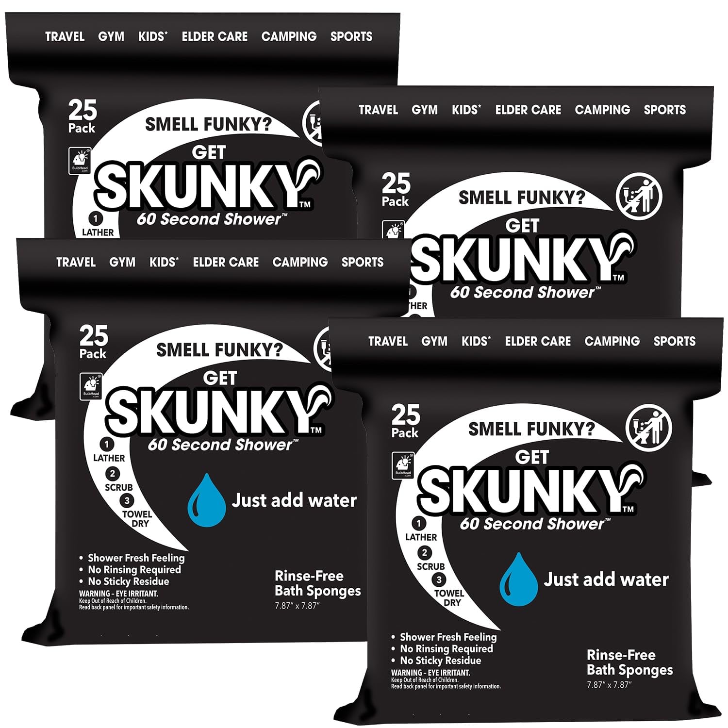Skunky Esponjas de baño desechables sin enjuague, AS-SEEN-ON-TV, limpia sin ducha, simplemente añade agua, espuma, frota y seca sin residuos pegajosos, gimnasio, cuidado de ancianos, niños y más,
