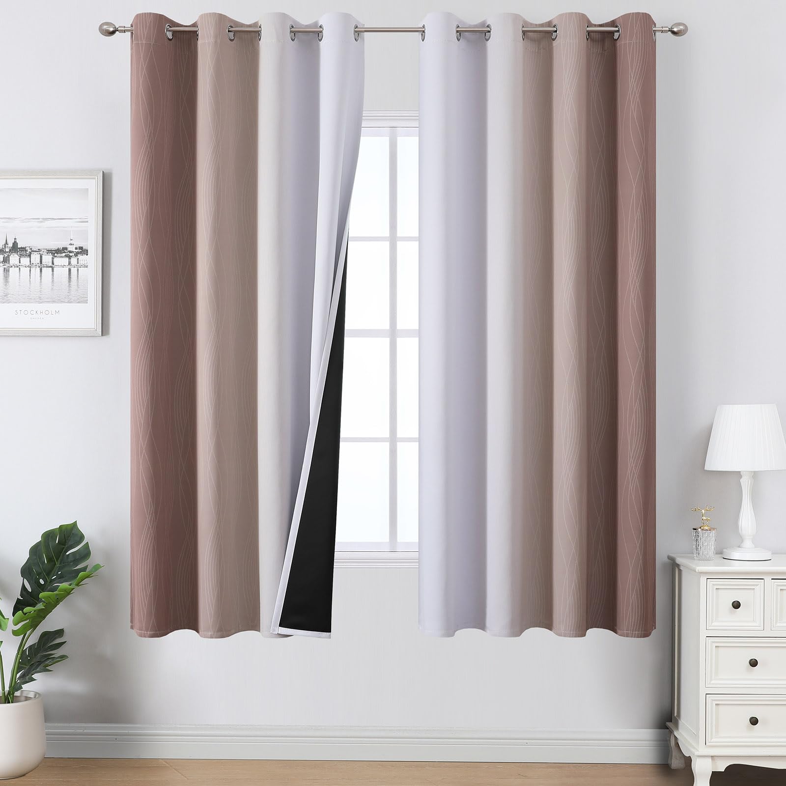 Taupe and Greyish White Ombre Blackout Curtains Living Room 63 Inches Long