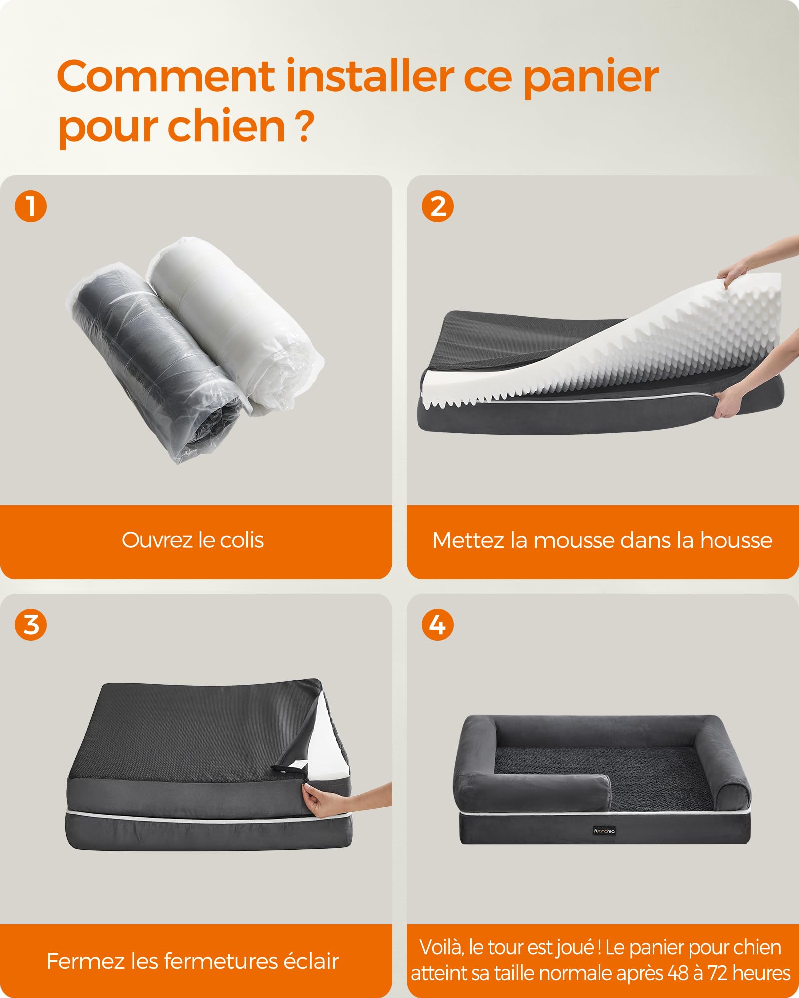 Feandrea Panier pour Chien Orthopédique, Canapé, Lit pour Animaux, Rembourrage Moelleux, Bords Rehaussés, Housse Amovible et Lavable, 91 x 63 x 18 cm, Antidérapant, Gris Foncé PGW076G01V1