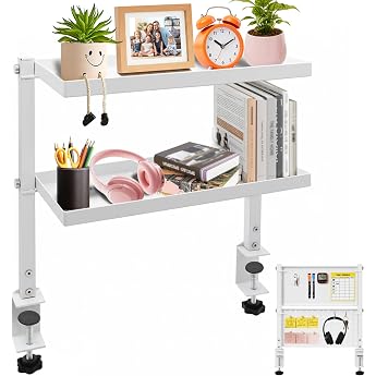 Cyiecw Clip-on Desk Shelf with 2 Levels Drill-Free Desk Organiser with 270  Rotating Perforated Wall and Carbon Steel Plate Desk Top Shelf for Playroom Office White