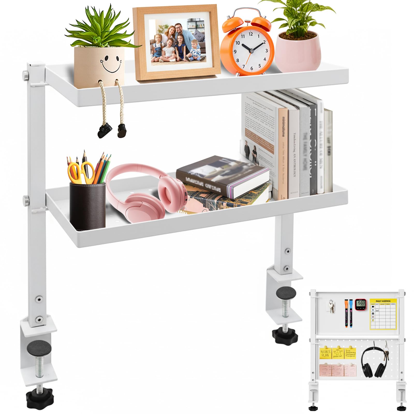 Cyiecw Clamp-on Étagère de Rangement à 2 Niveaux, Organisateur de Bureau 34 cm avec Panneau Perforé, Étagère Livre Pivotant à 270° pour la Maison, Le Bureau ou la Chambre D'étudiant, Blanc
