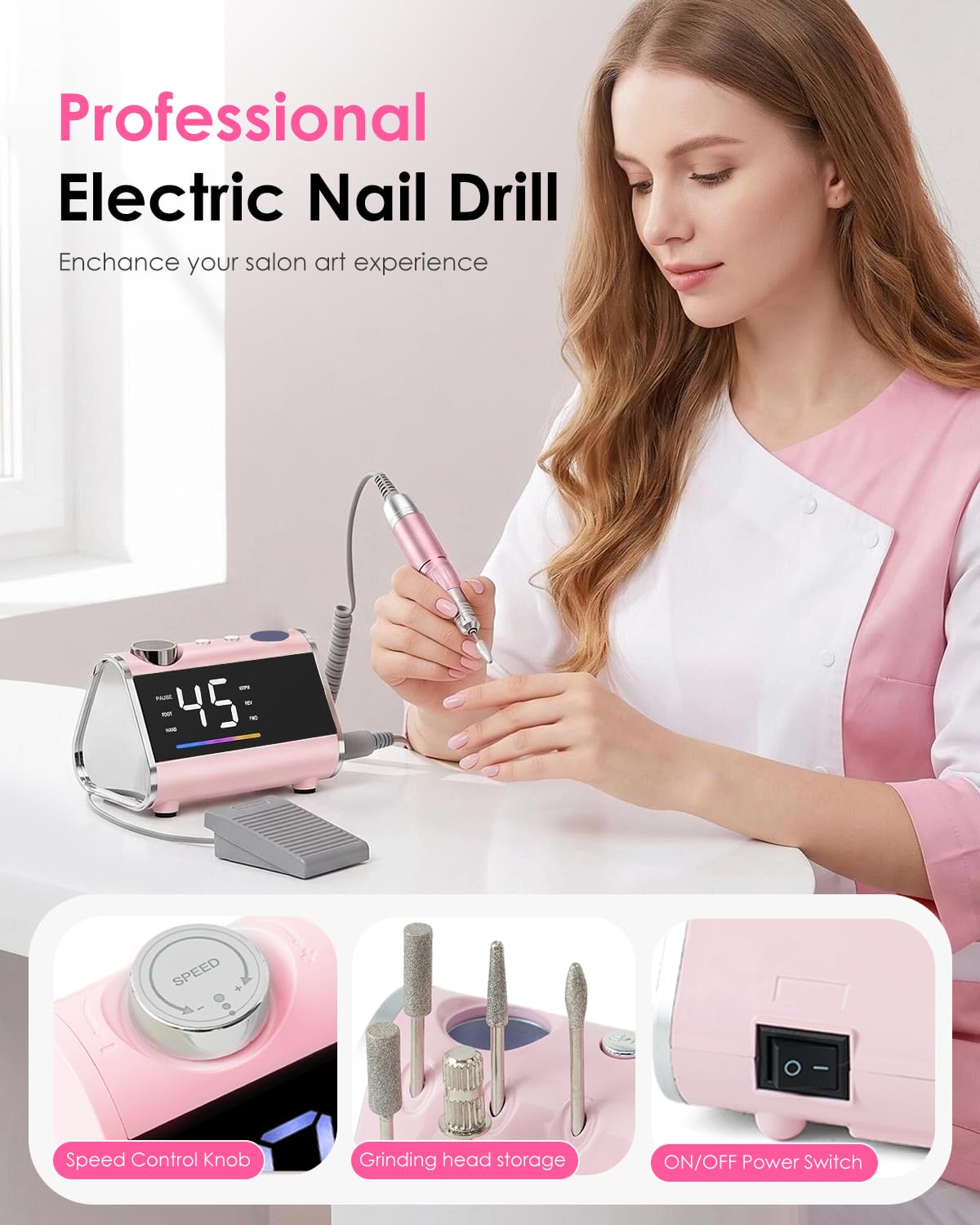 CozyZen Taladro de Uñas Eléctrico Profesional | 45000 RPM, Lijadora con Pantalla LCD, Control Manual y de Pie, Bajo Ruido para Uñas Acrílico/Gel, Manicura y Pedicura