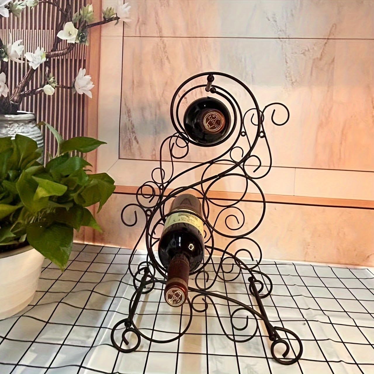 Casier à vin sur pied compact 4 bouteilles avec support verre et table en bois