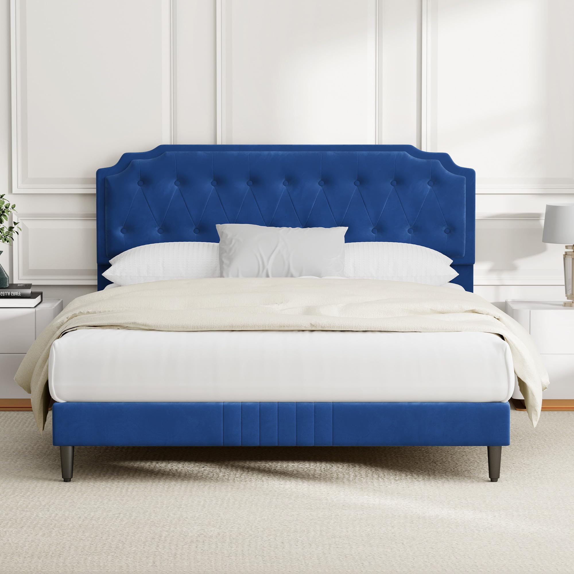 CozyLiving Double Upholstered Bed Frame with Cozy Button Tufted Headboard & Adjustable Height, Wood Slat Support, No Box Spring Needed - CHELSEY (Blue)