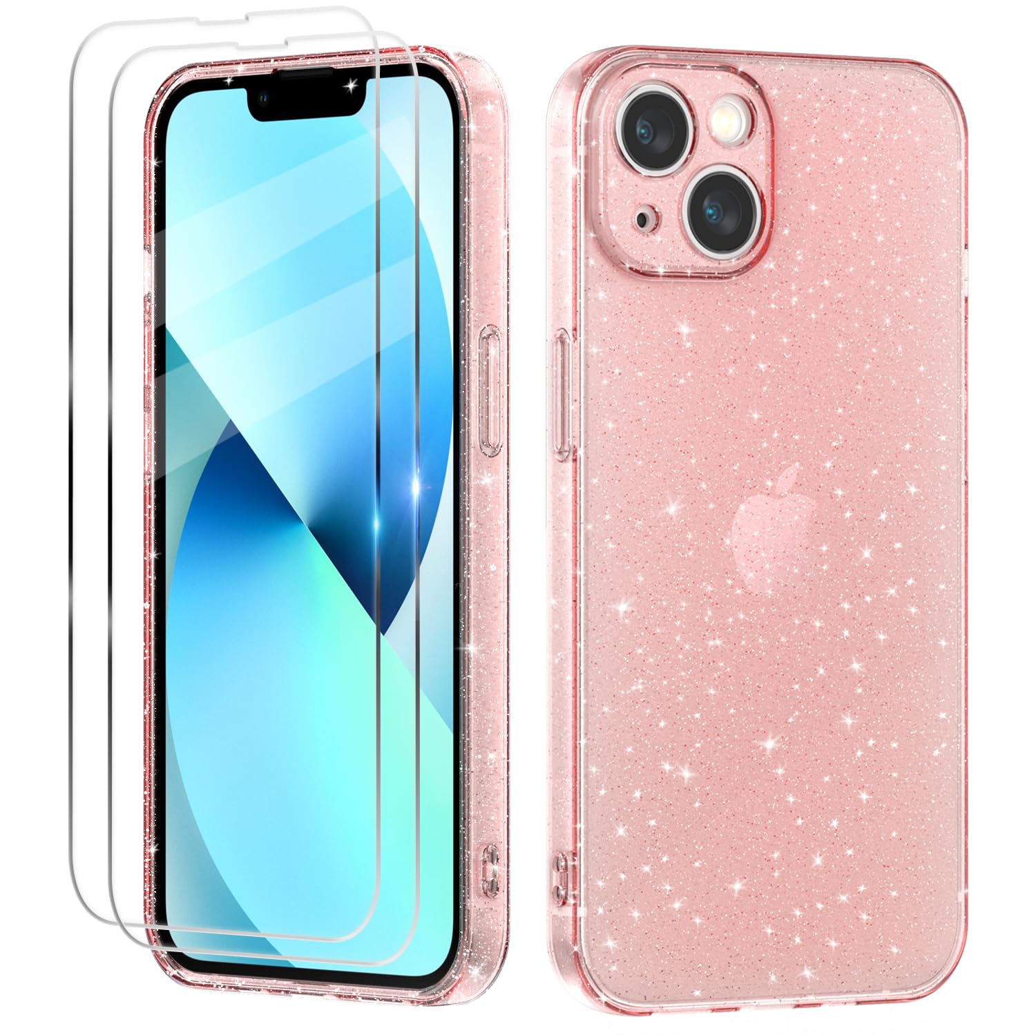 Cover Compatibile con iPhone 13 Custodia Glitter, 2 Pezzi Pellicola Protettiva in Vetro Temperato, Brillantini Custodia Morbido TPU Protezione Trasparente Antiurto Case - Rosa