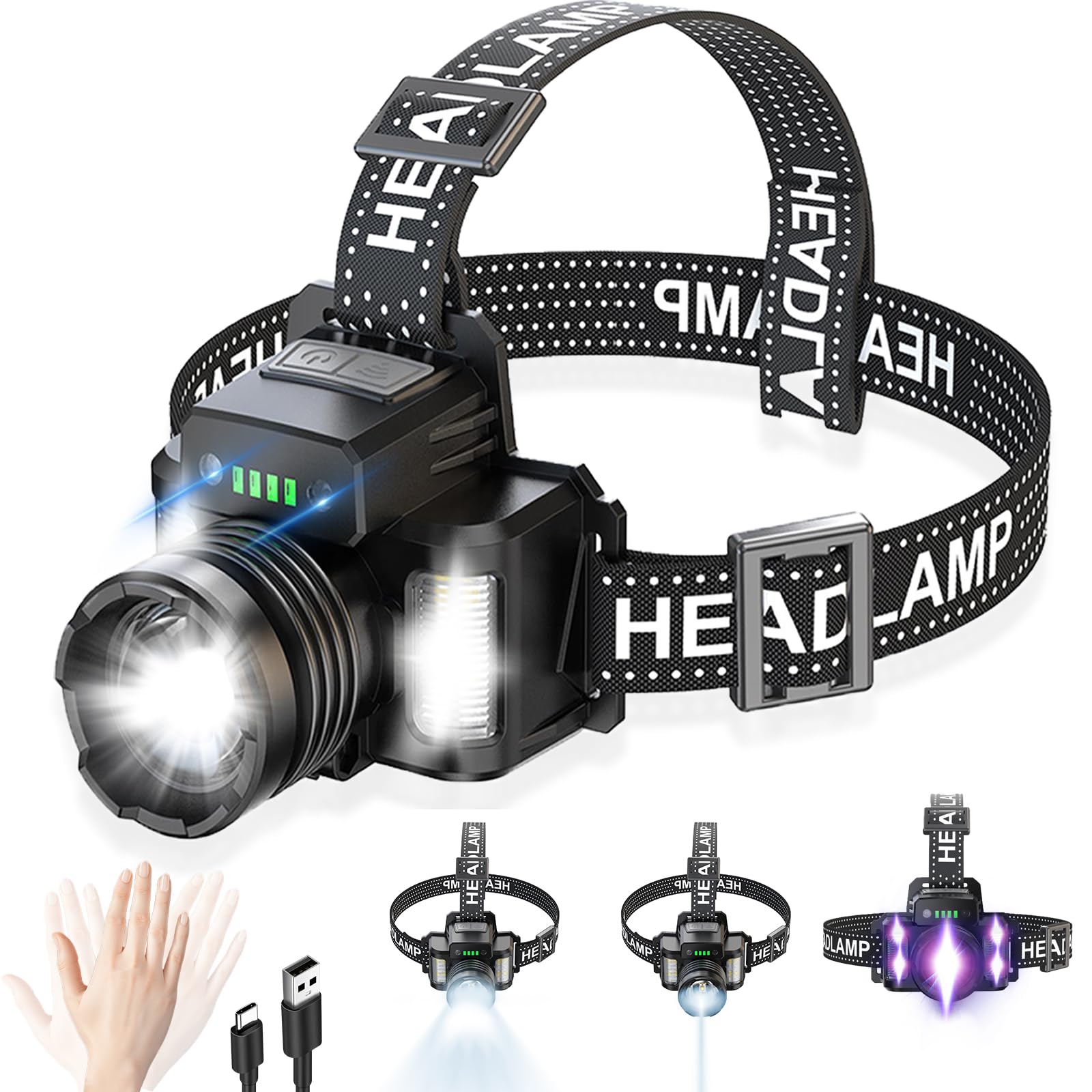 Headlamp Rechargeable, 90° Adjustable 30W LED Super Bright Head lamp with Red Light, Head Lamps Led Rechargeable Headlamps for Adults, 9 Modes Waterproof Zoomable Headlight for Camping Running