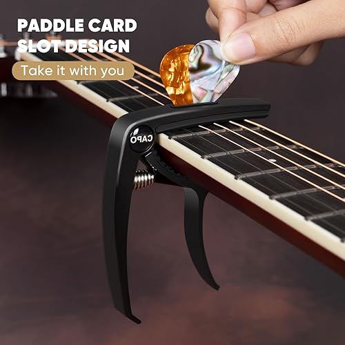 Miniatura 3 de Cejilla de guitarra, cejilla de metal de zinc 3 en 1 para guitarras acústicas y eléctricas (con soporte para púas y 4 púas), ukelele, mandolina,