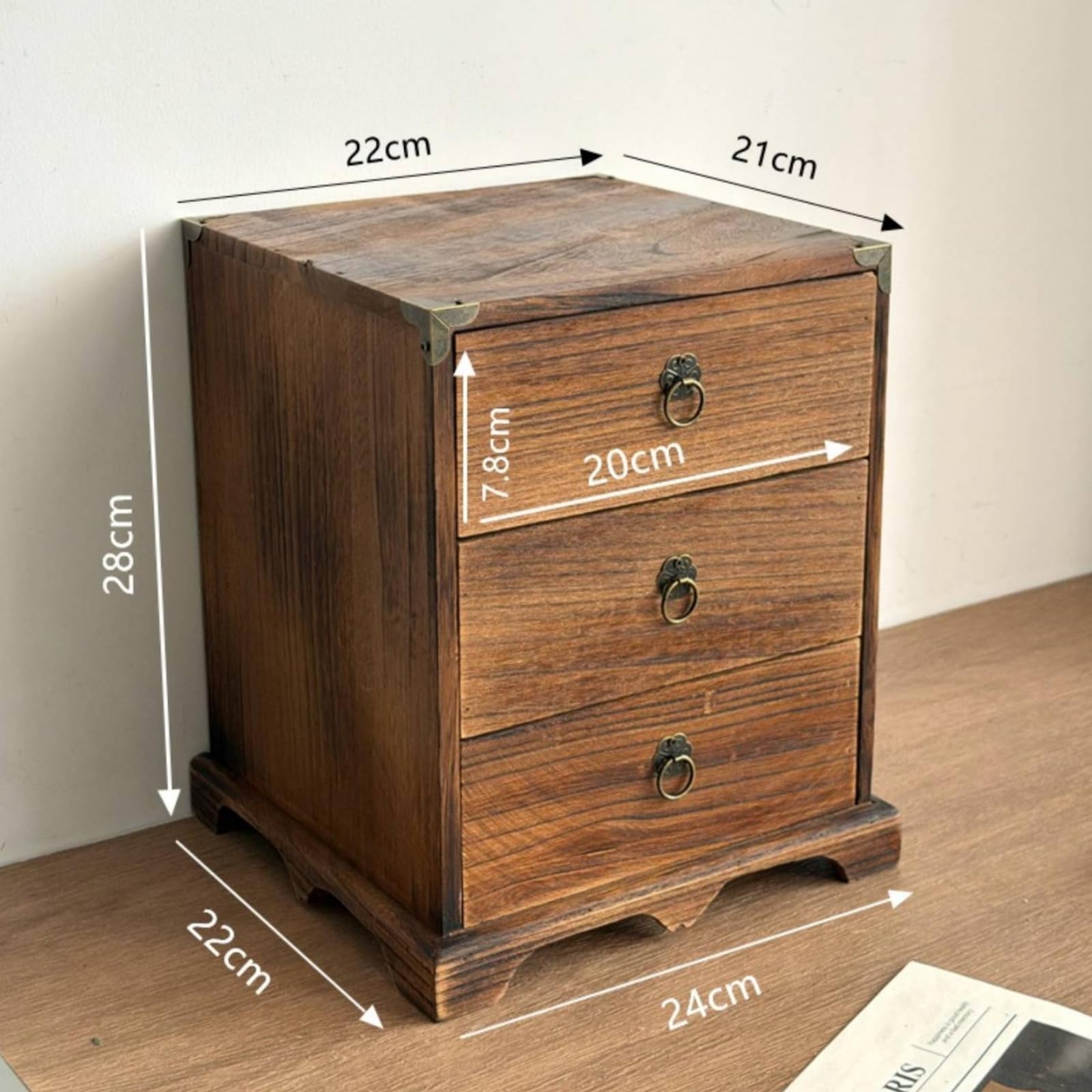 Organizer da Scrivania Cassettiera Rettangolare Compatta con Dettagli in Metallo Finitura Vintage E Base Rialzata Adatto a Studio Camera Soggiorno
