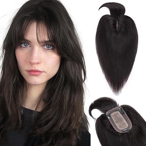 TESS Extensiones de cabello con flequillo, extensiones de cabello humano Remy, densidad del 150%, base de seda de 2.8 x 5.1in, extensiones de peluca