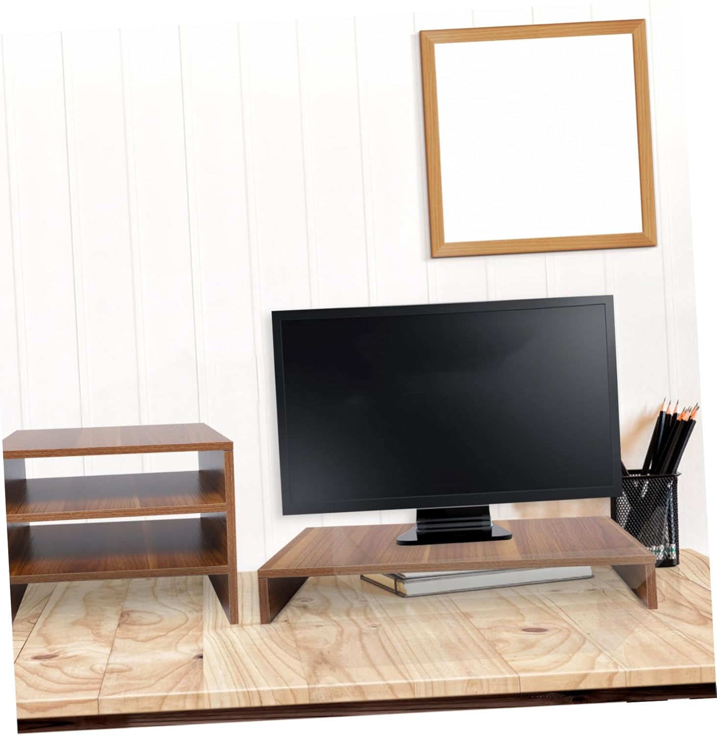 TEHAUX Computer Monitor Riser Stand for Desk Adjustable Storage Rack Organizer Wood Monitor Frame for Home Office Space-Saving Design