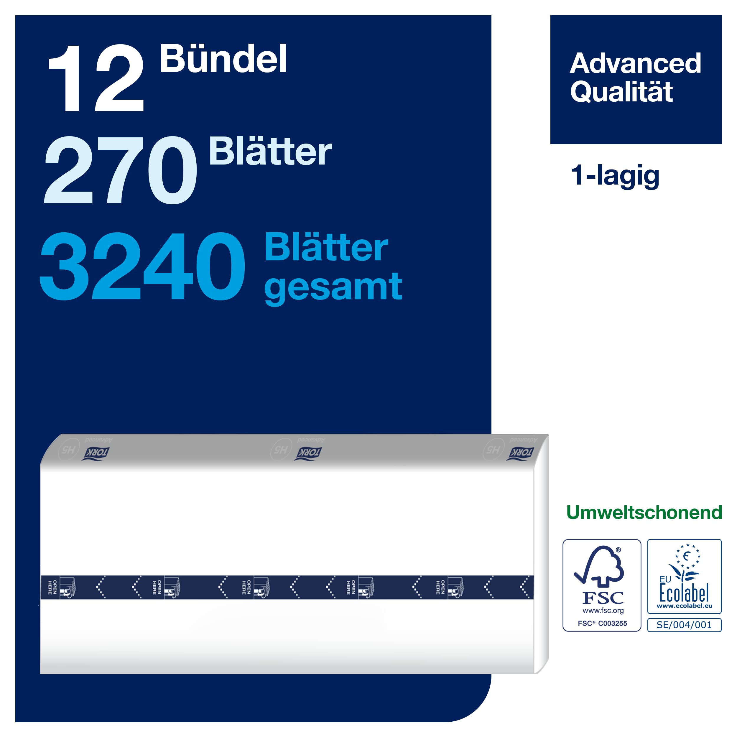 Tork PeakServe Endlos-Papierhandtücher Weiß H5, Advanced-Qualität, komprimiert, 12 × 270 Blatt, 100589, Mittel