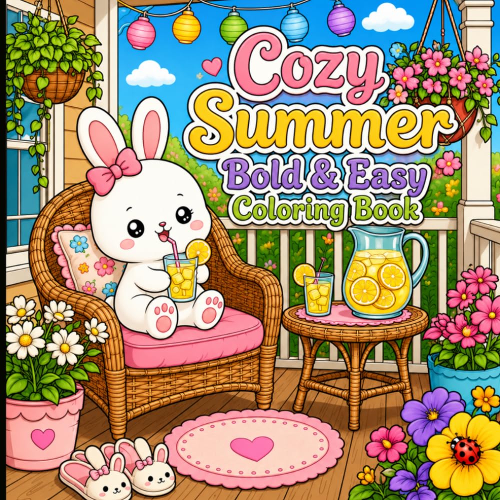 Bold and Easy Cozy Summer Coloring Book: Kawaii Animals Enjoying Sunny Adventures, Sweet Treats, and Relaxing Summer Days.
