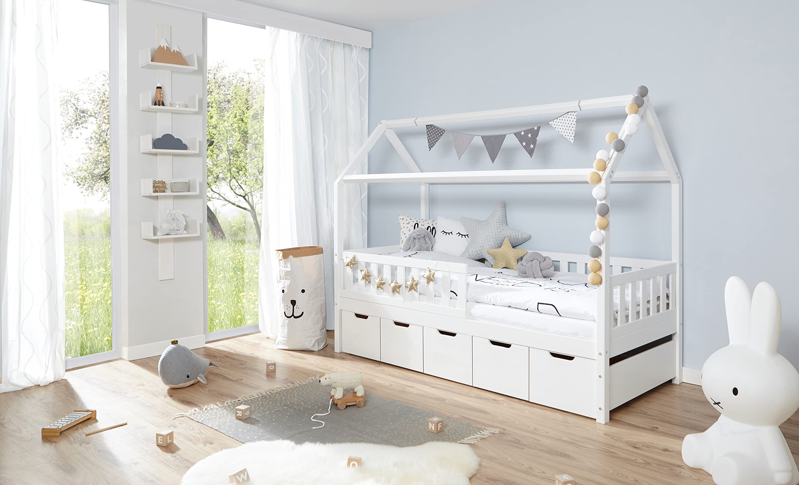 TiCAA Hausbett Traumhaus mit 5er Schubkästen – Kiefer Weiß, 209 cm