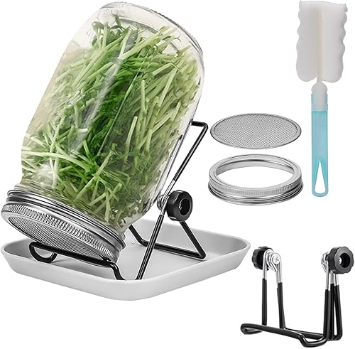 Miniatura 10 de Lulonpon Juego de 4 tarros de germinación, tarros de boca ancha con tapas de brotes de pantalla de acero inoxidable, 3.386 in, 33.8 fl oz, soporte,