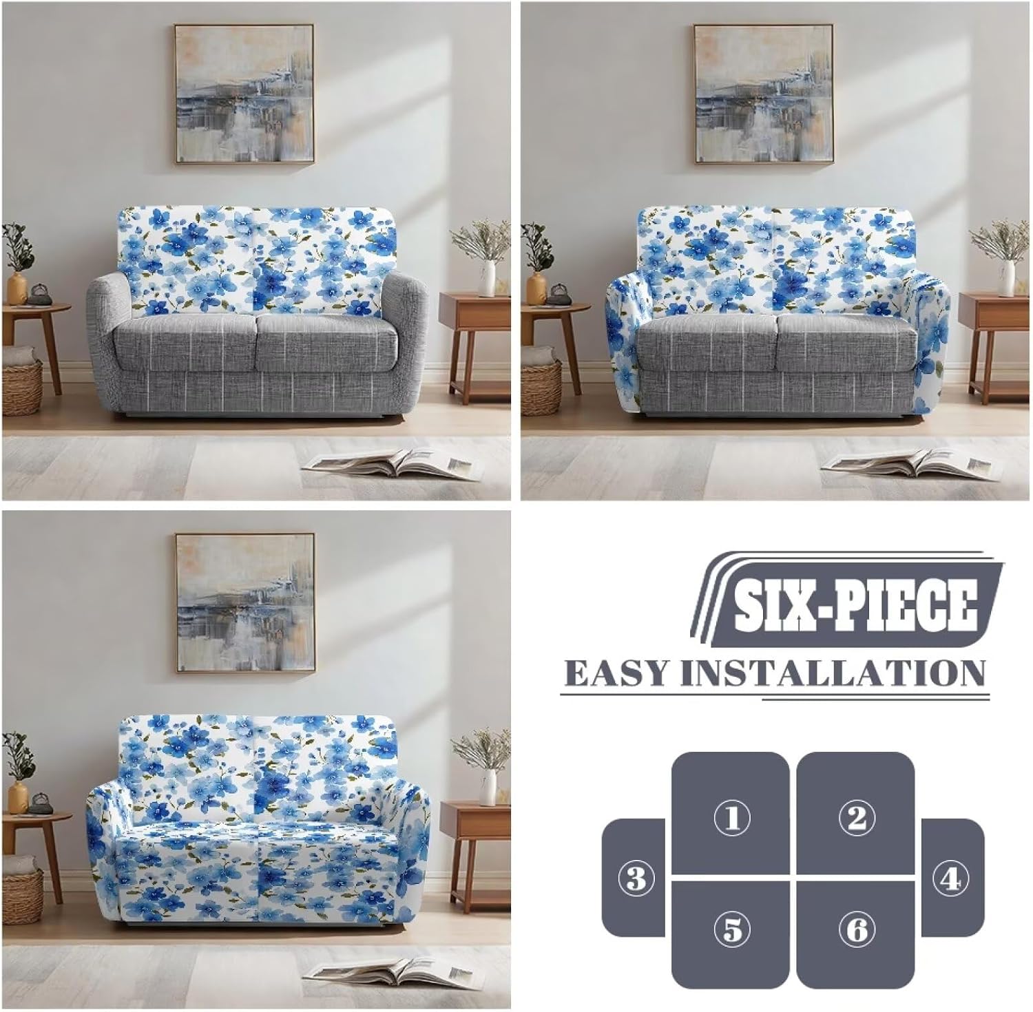 Suobstales Blue Cherry Blossom Print 6 Pieces Stretch Recliner Loveseat Covers Soft Reclining Couch Cover with Pockets Anti-Slip Sofa Slipcovers Fitted Furniture Protector for Pet Kid