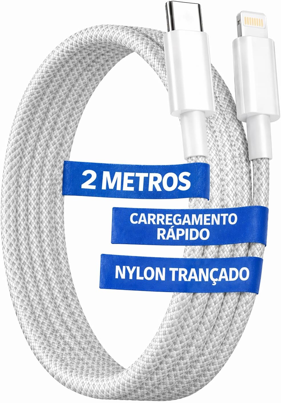 Cabo USB C para Lightning Compatível com iOS 14 13 12 11 X XR XS 8 7, 2 Metros Turbo Carregamento Rápido Reforçado Nylon Trançado Branco