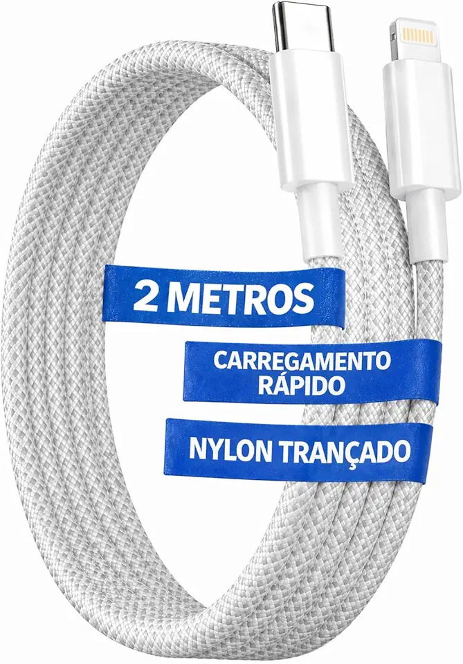 Cabo USB C para Lightning Compatível com i.Phone 14 13 12 11 X XR XS 8 7, 2 Metros Turbo Carregamento Rápido Reforçado Nylon Trançado Branco