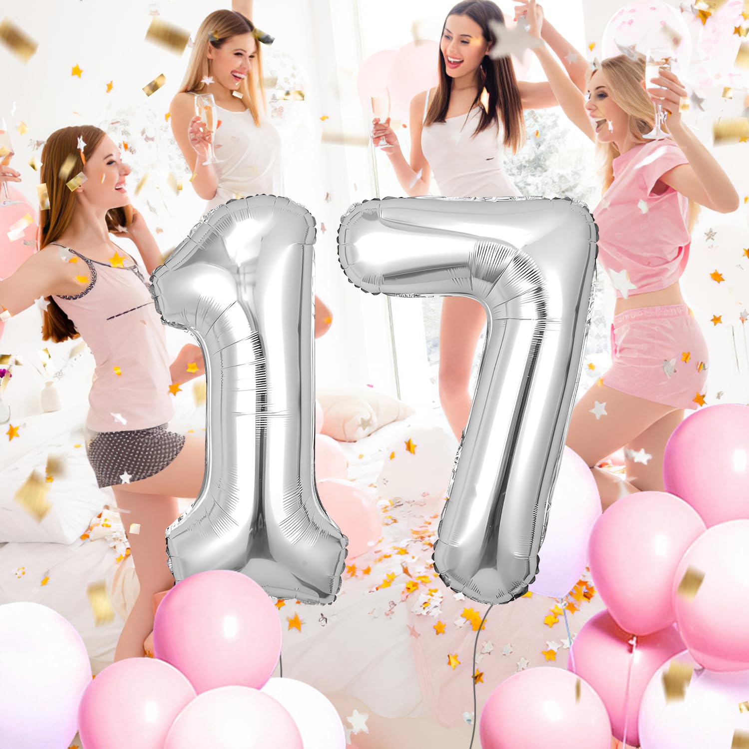 Palloncino Numero 17 Gigante Argento 100 Cm - 2 Pezzi In Foil Per Compleanno, Decorazioni Festa