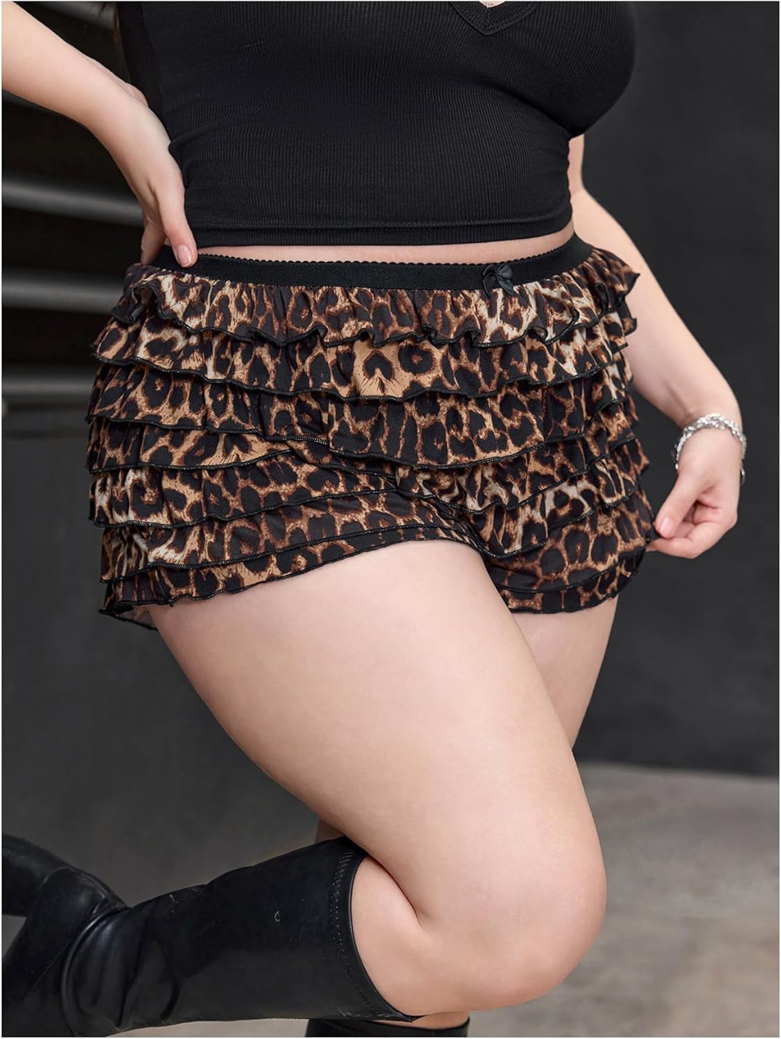 SOLY HUX Women's Plus Size Leopard Ruffle Mini Shorts Y2k Cheetah Print Bow Layered Bloomer Shorts - Image 3