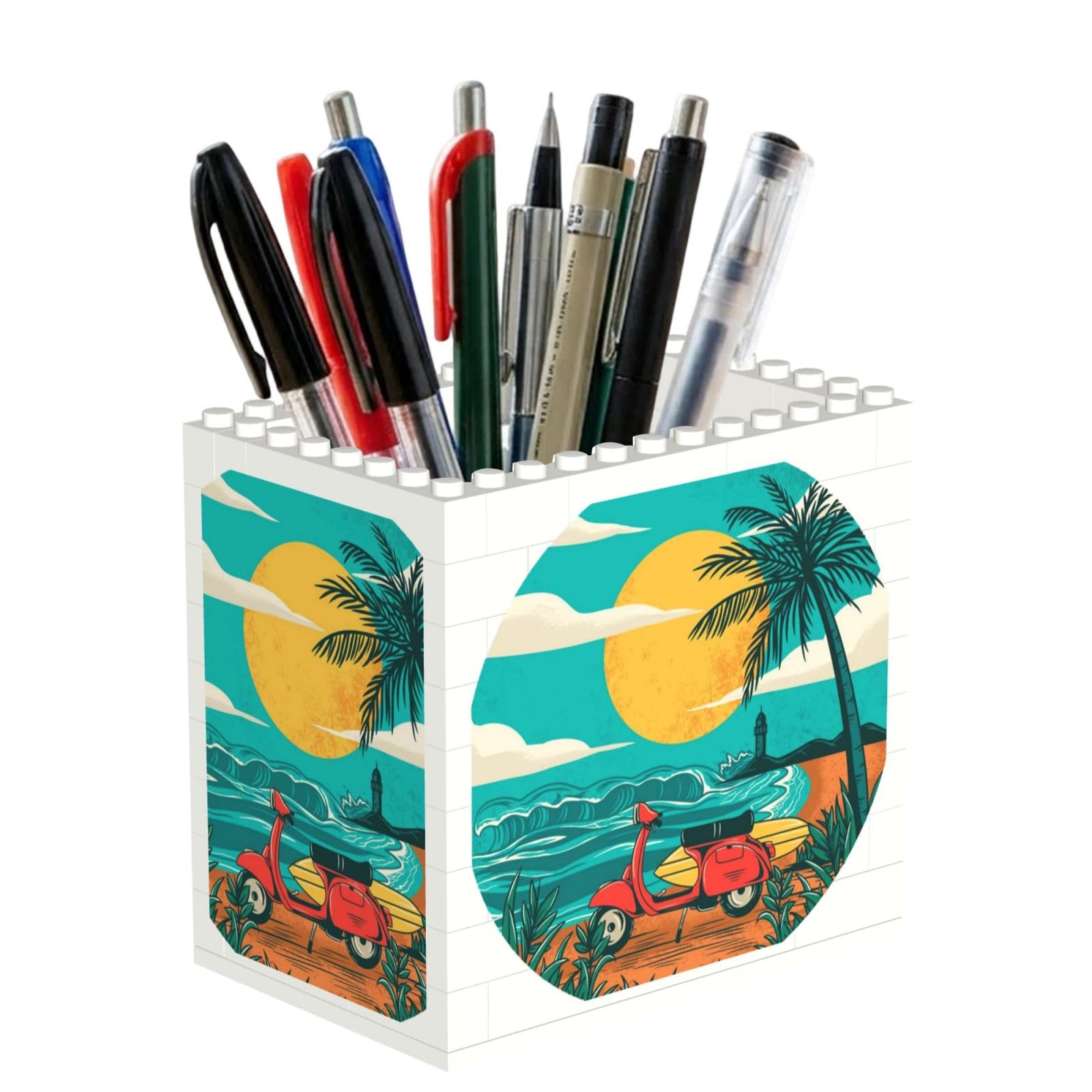 SATUSA Sunset Beach Palm Tree Print Building Block Texture Pen Holder - Pencil Holder For Desk Pen Organizer,Aesthetic Desk Accessories For Women(1pcs)