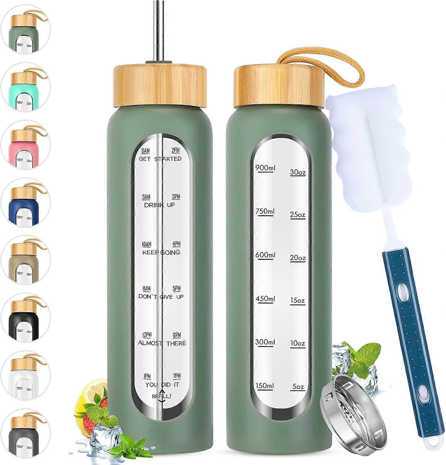 JOYHAPPST 32 oz Glass Water Bottles with Straw - Motivational Bottle with Time Marker & Silicone Sleeve - Reusable Tumbler Includes 2 Bamboo Lids & Fruit Infuse