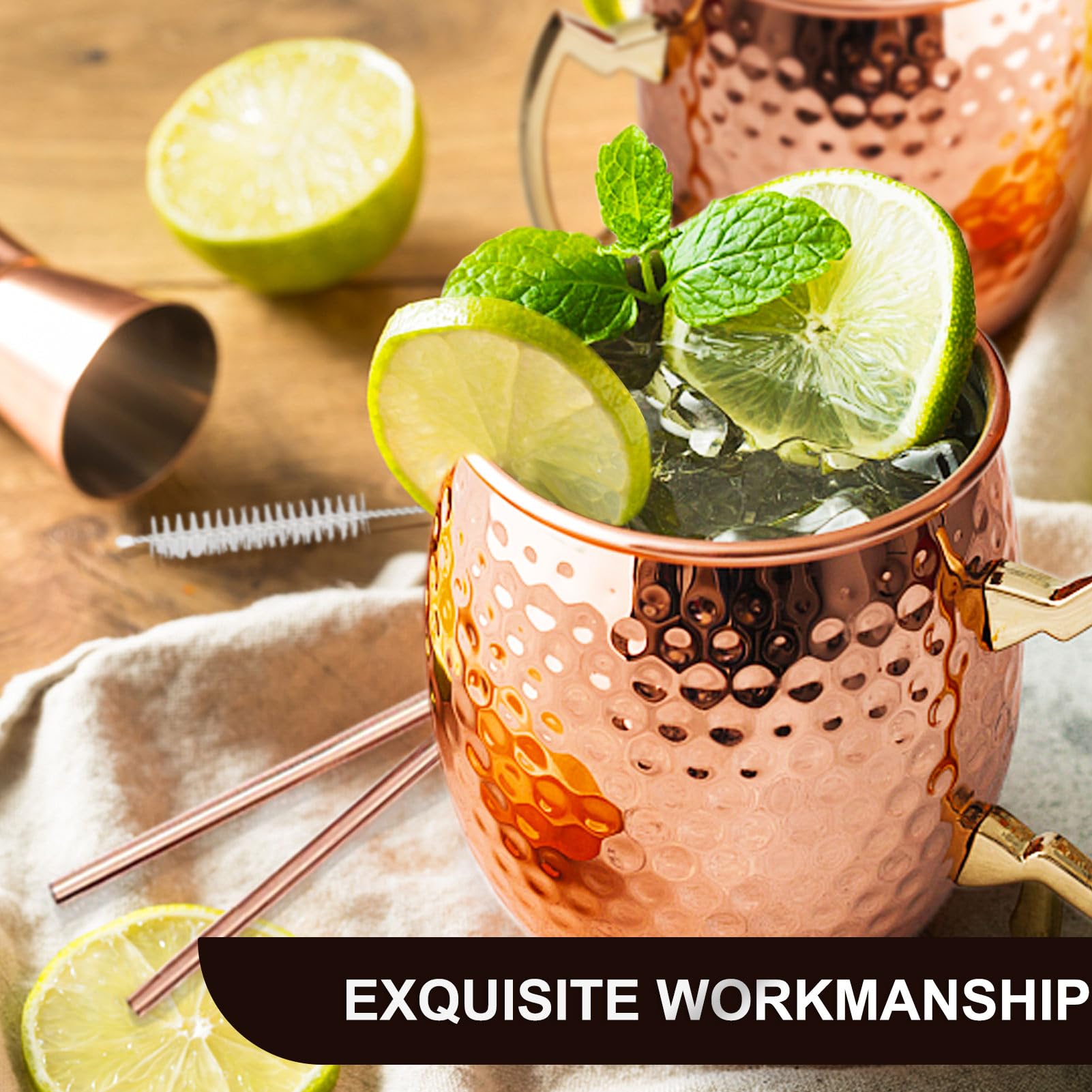 Verre Moscow Mule 4 Pièces, 19oz Tasse Cuivre avec Pailles Jigger Cadeau Set pour Bar, Fête (4)