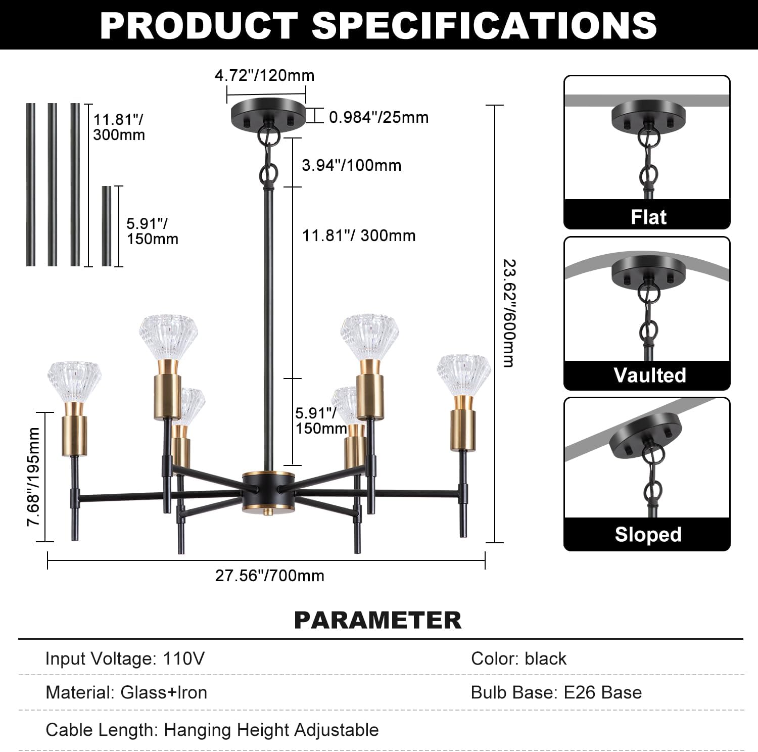 6 Light Black Imitation Crystal Chandelier, Modern Vintage Farmhouse Flush Mount Ceiling Pendant Light for Kitchen Island Dining Room Entryway Foyer Home Décor