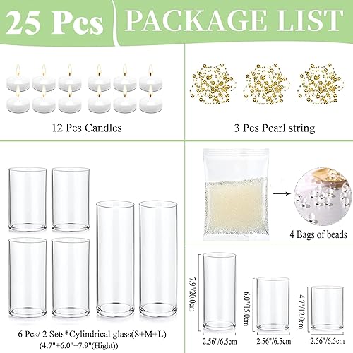 Miniatura 3 de UDU Juego de 6 jarrones cilíndricos de vidrio para centros de mesa con 40000 relleno de jarrón, 12 velas flotantes blancas, 3 cadenas de perlas para