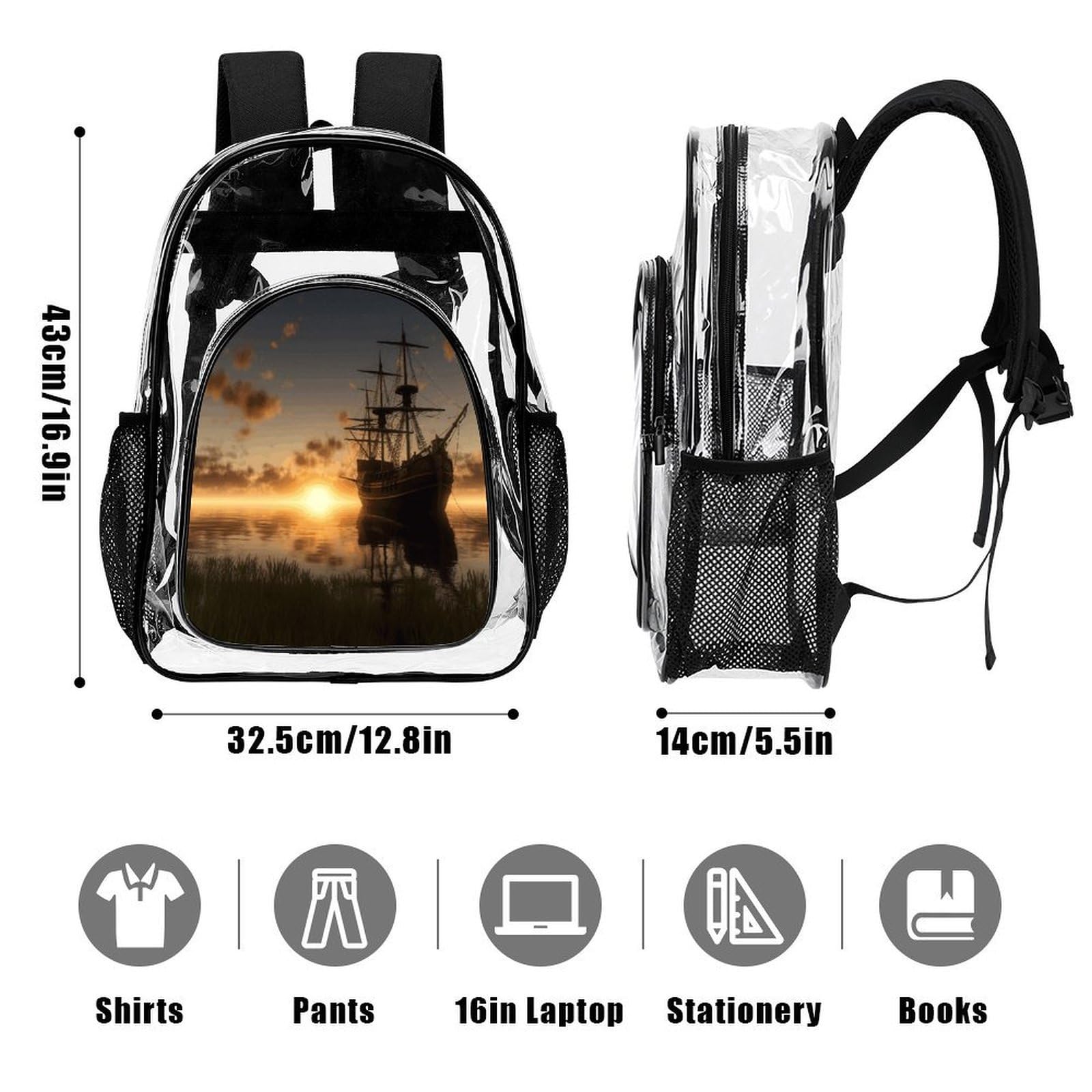 Transparenter Rucksack mit Motiv "Ship in The Lake Sunset", groß, transparent, PVC, Büchertasche für Sicherheit, Arbeit, Reisen, Stadion