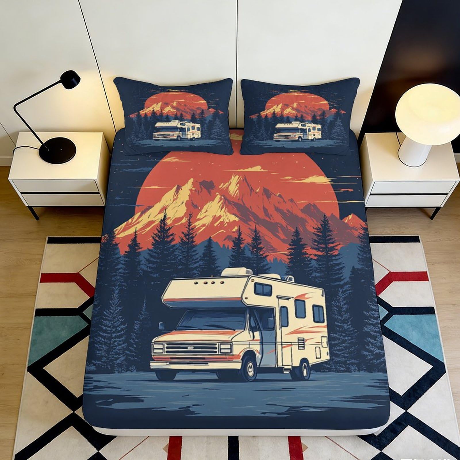 3D Printed Camper Van Mountain Fitted Sheet Microfiber Soft Bed Cover Sunset Forest Mattress Protector Decor 90x200x25cm
